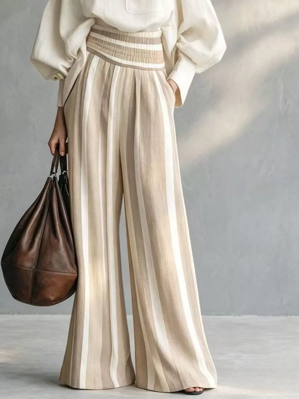 Full Size Mock Neck Top and Striped Wide-Leg Pants Set Plus Size, image 3