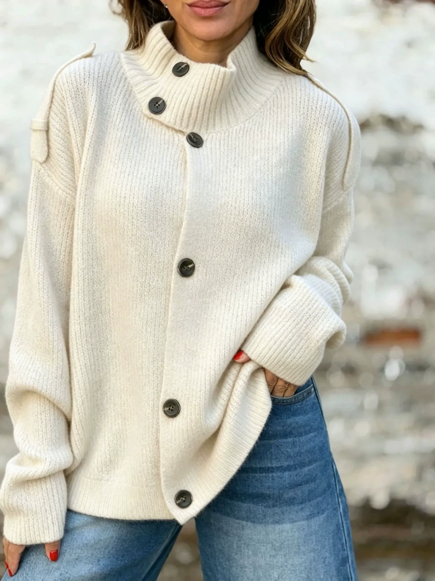 Full Size Button-Up Mock Neck Cardigan Plus Size, image 13