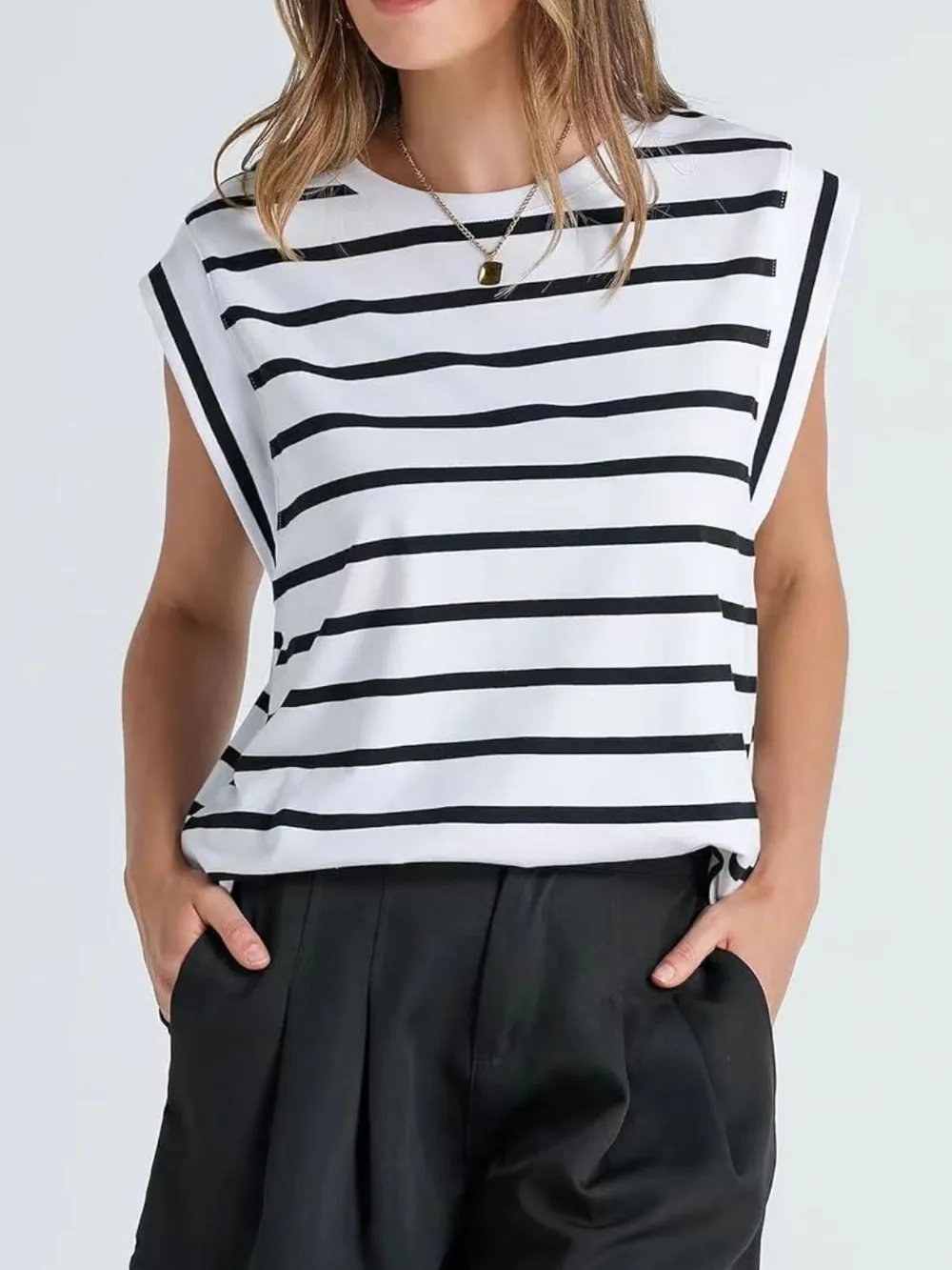 Striped Round Neck Cap Sleeve T-Shirt, image 9
