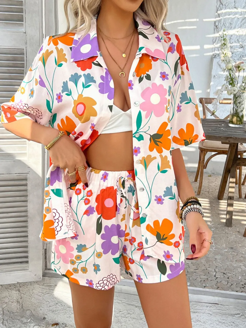 Printed Button Down Shirt and Shorts Set, image 10