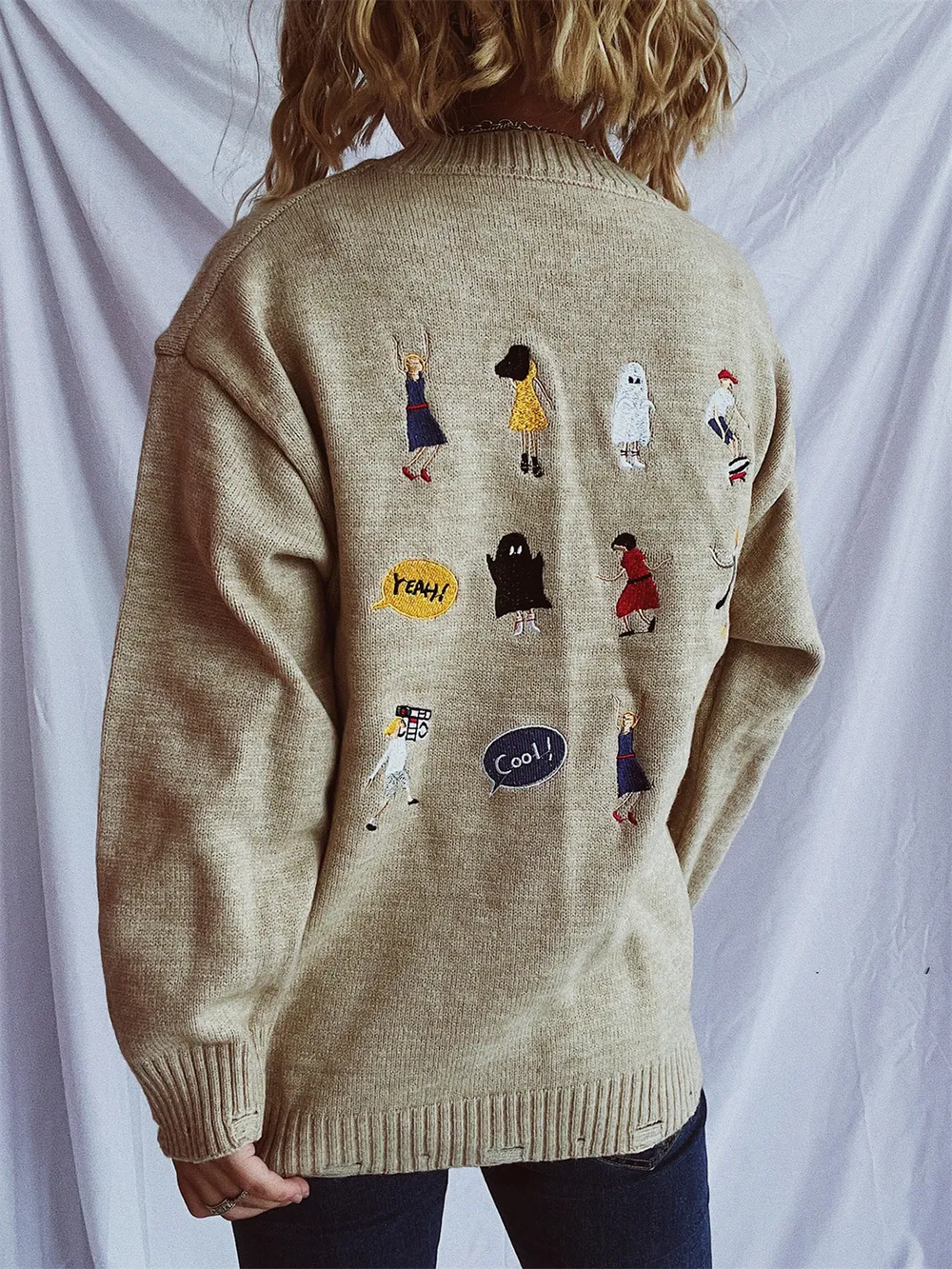 Embroidered Round Neck Dropped Shoulder Sweater, image 13