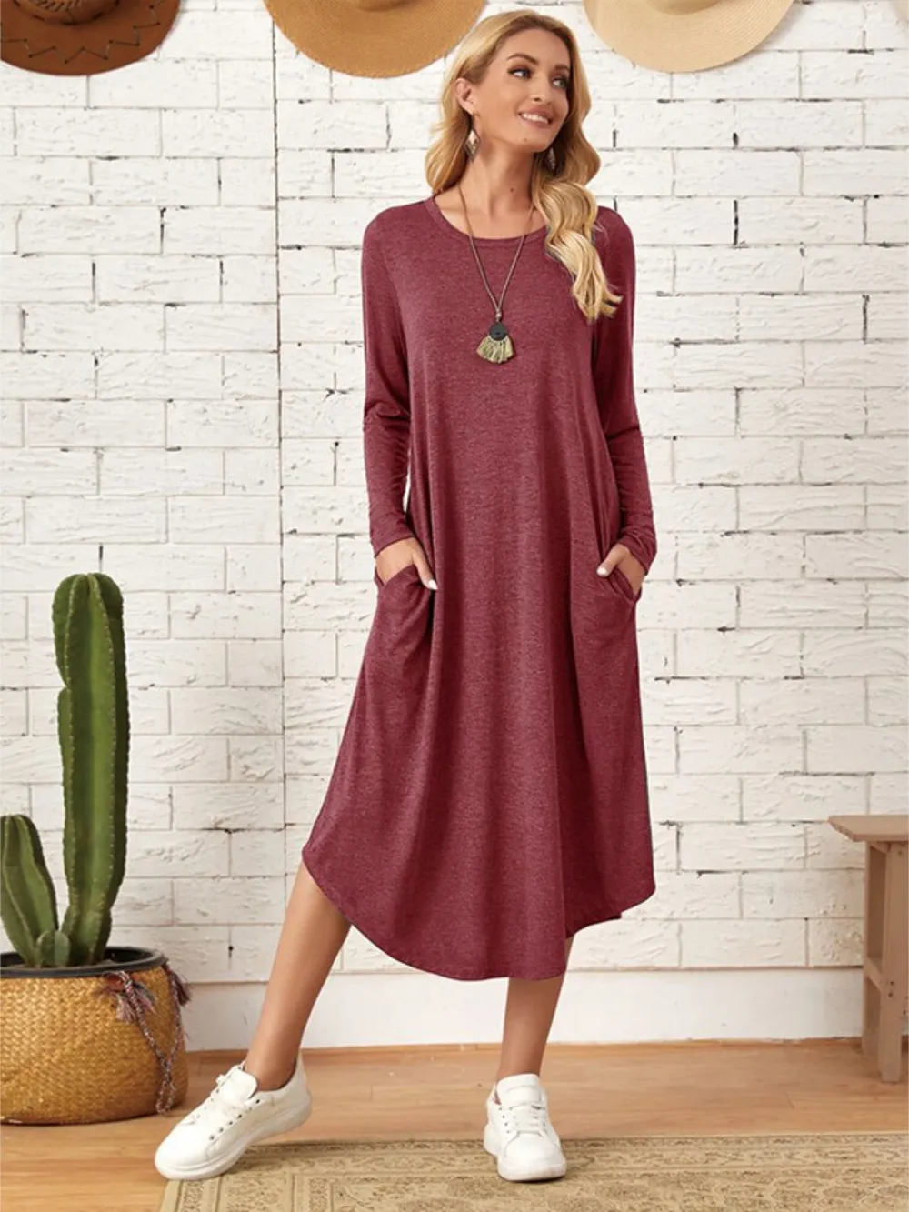 Pocketed Round Neck Long Sleeve Tee Dress, image 9