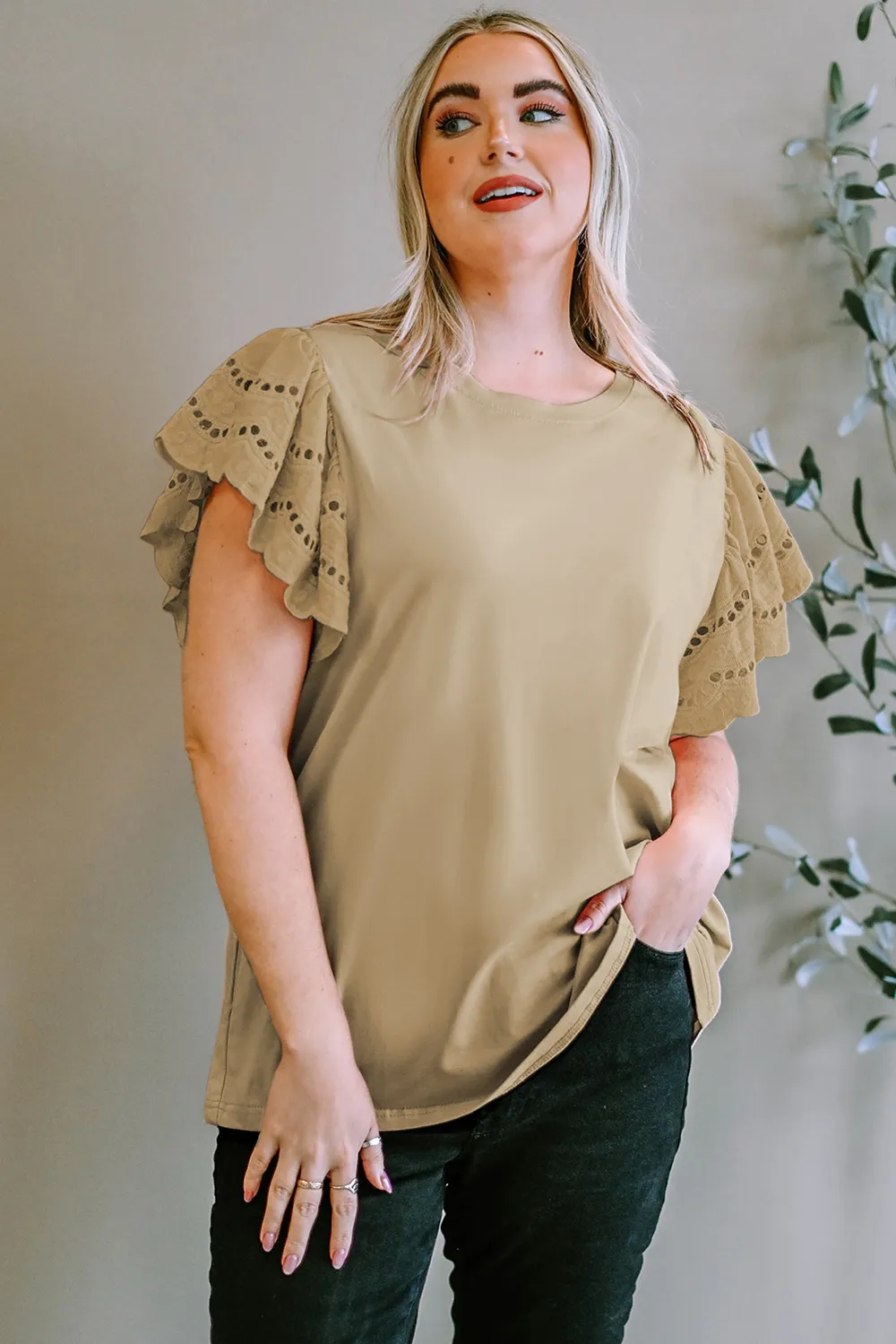 Plus Size Eyelet Round Neck Short Sleeve Blouse, image 7