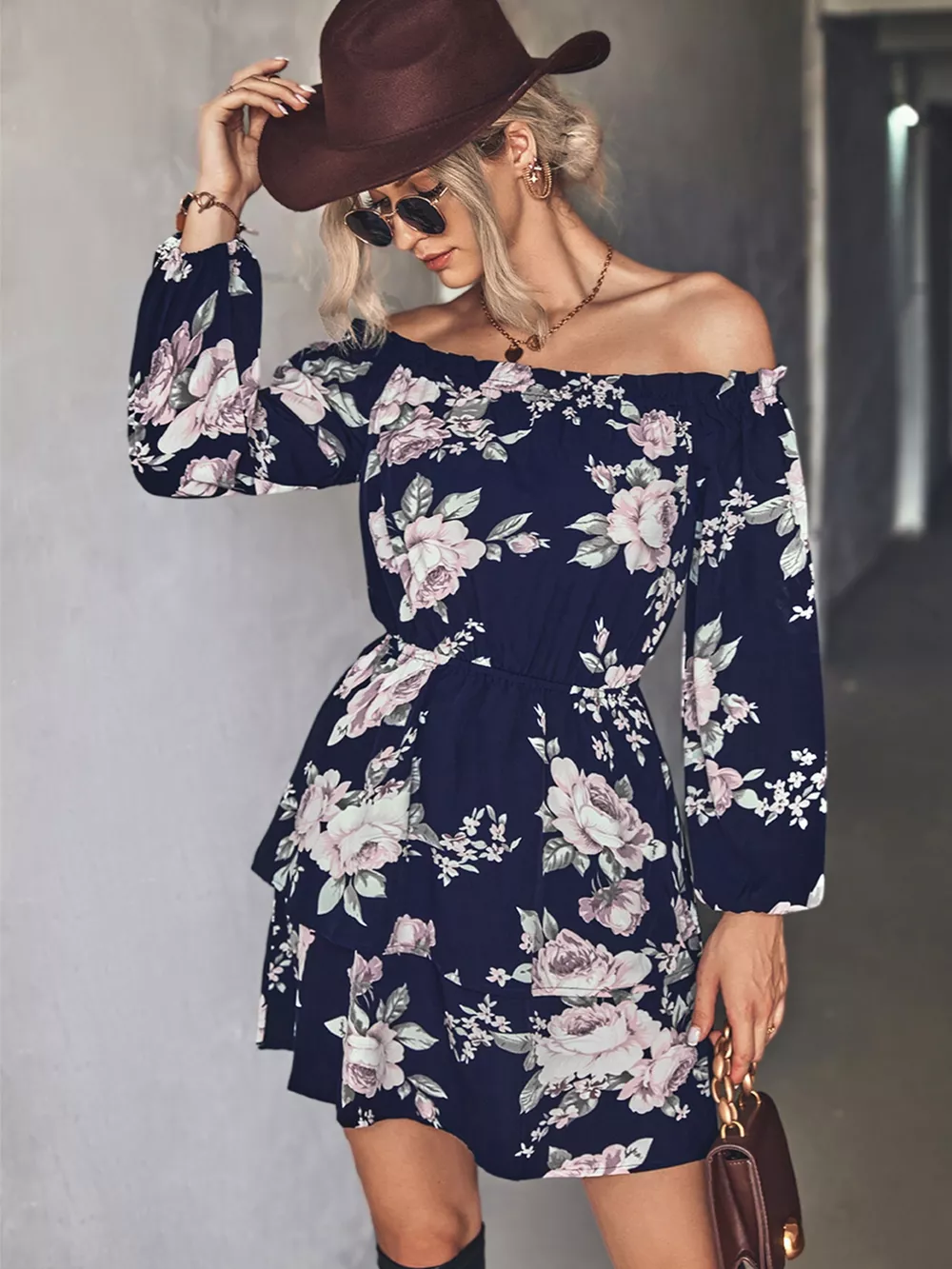 Off-Shoulder Floral Print Long Sleeve Mini Dress, image 6