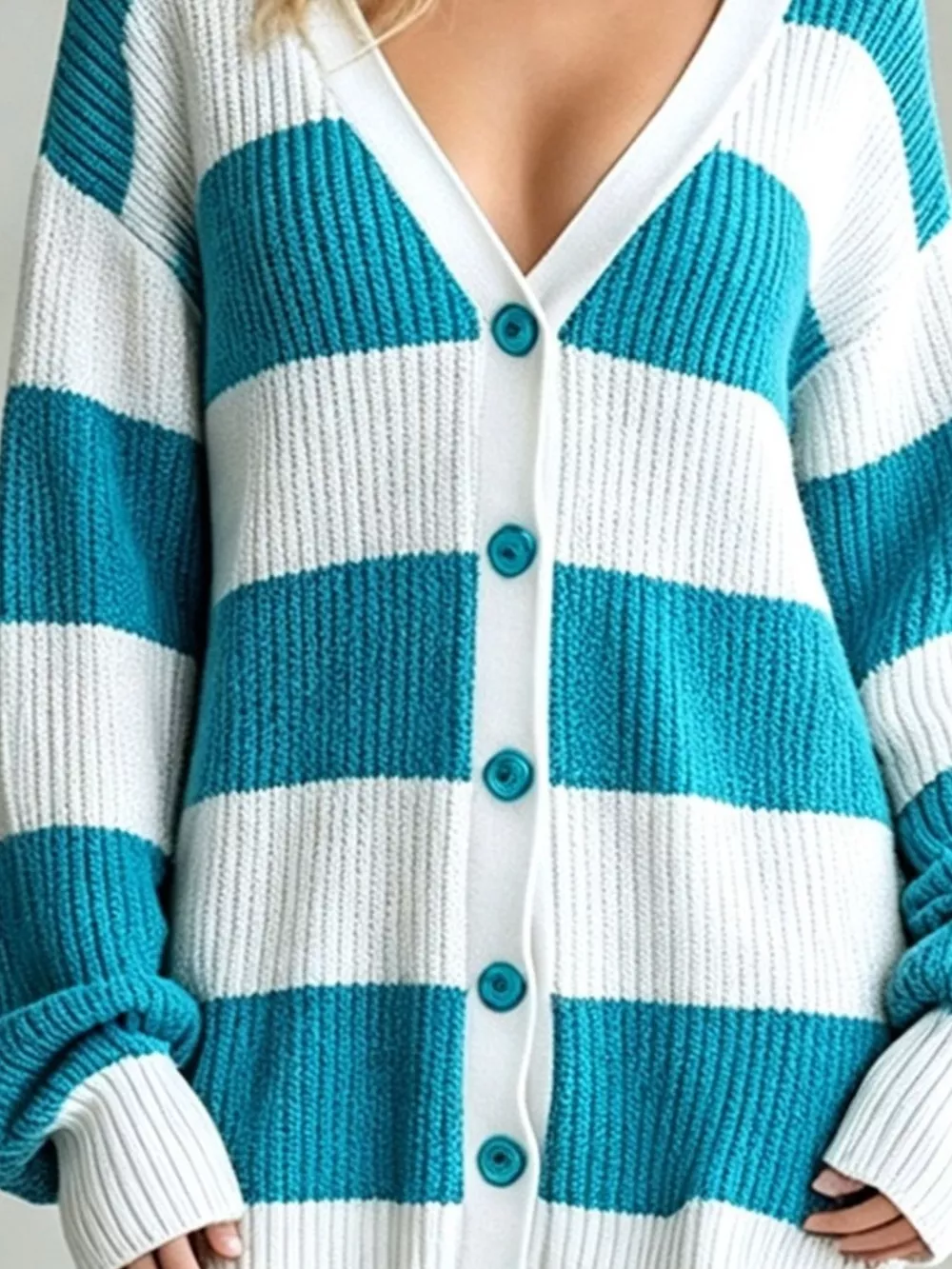 Striped V-Neck Button-Down Cardigan, image 6