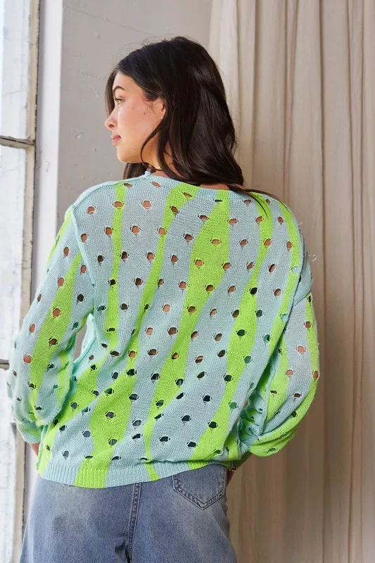 Two-Tone Ribbed Hem Openwork Knit Top, image 2
