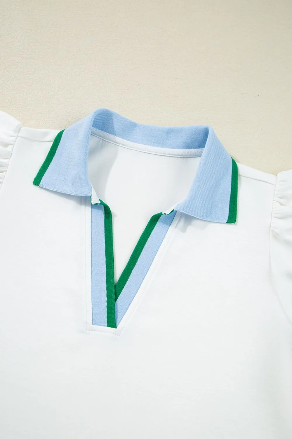 Contrast Ruffled Sleeve Collared V Neck Blouse, image 10
