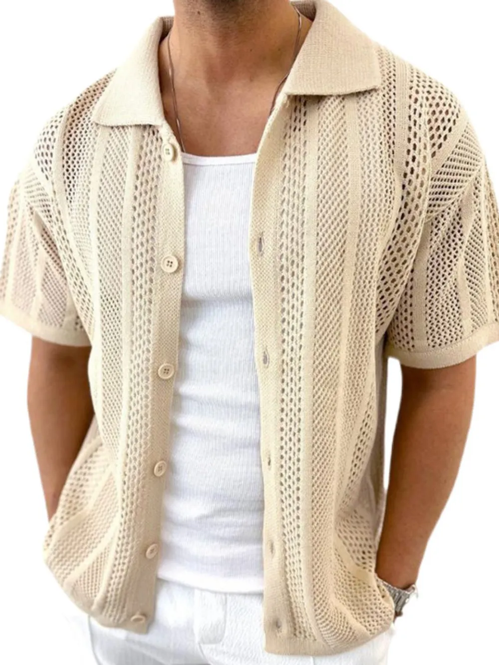 Men's Button Down Collared Neck Hollow Out Shirt, image 8