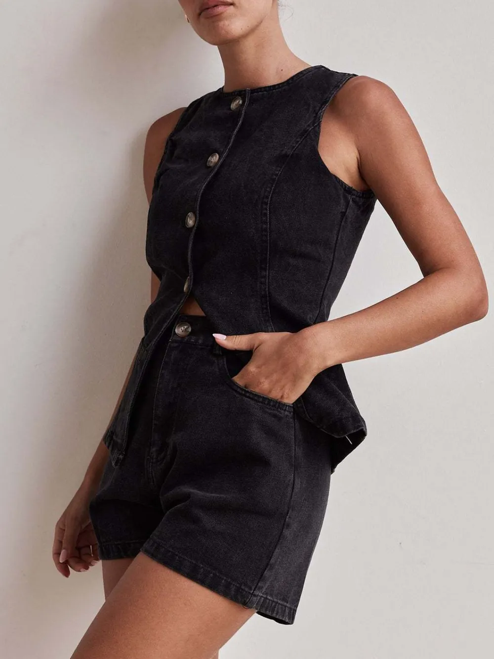 Button Down Vest and Shorts Denim Set, image 17