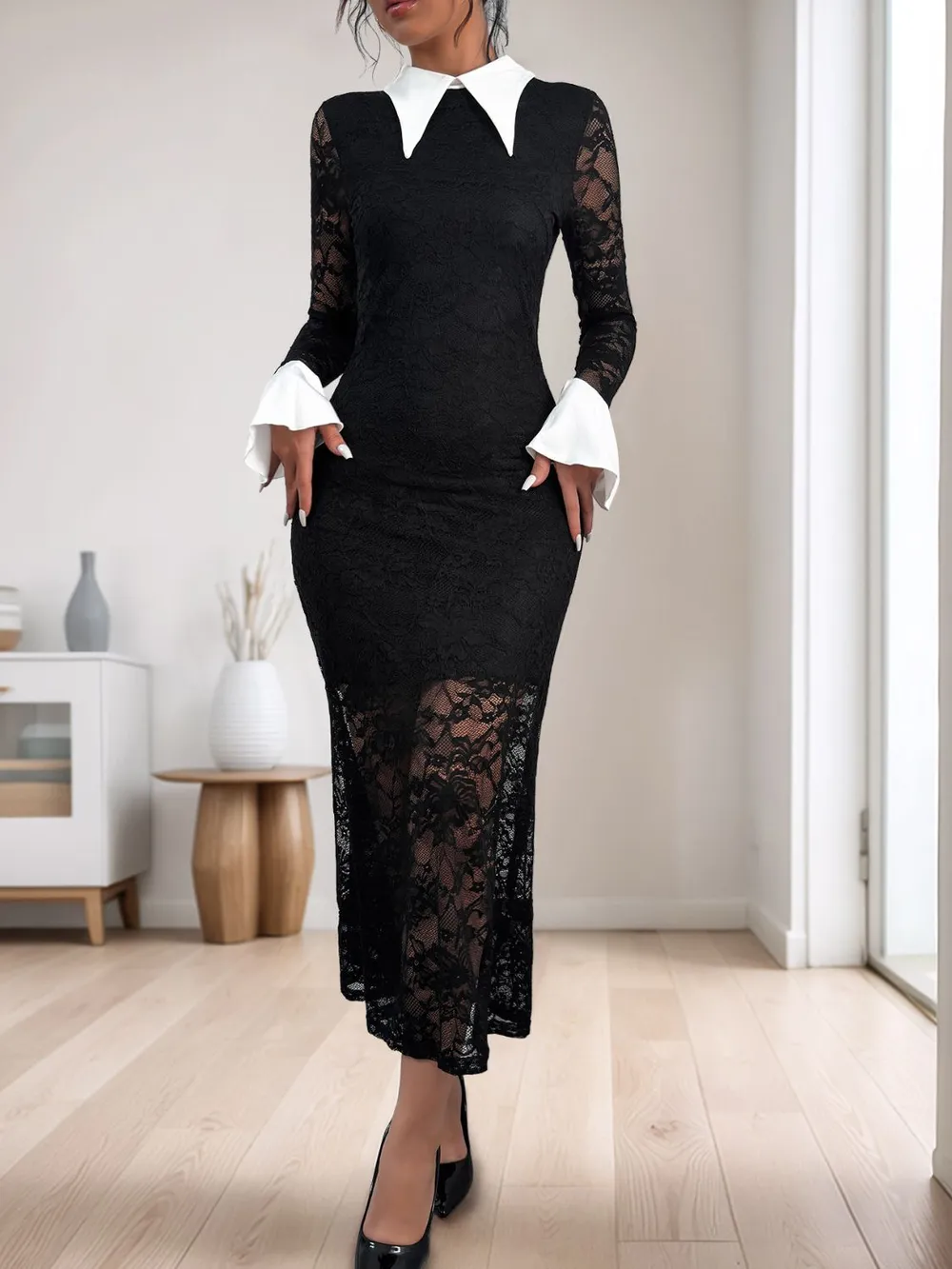 Lace Contrast Collared Neck Long Sleeve Midi Dress, image 4