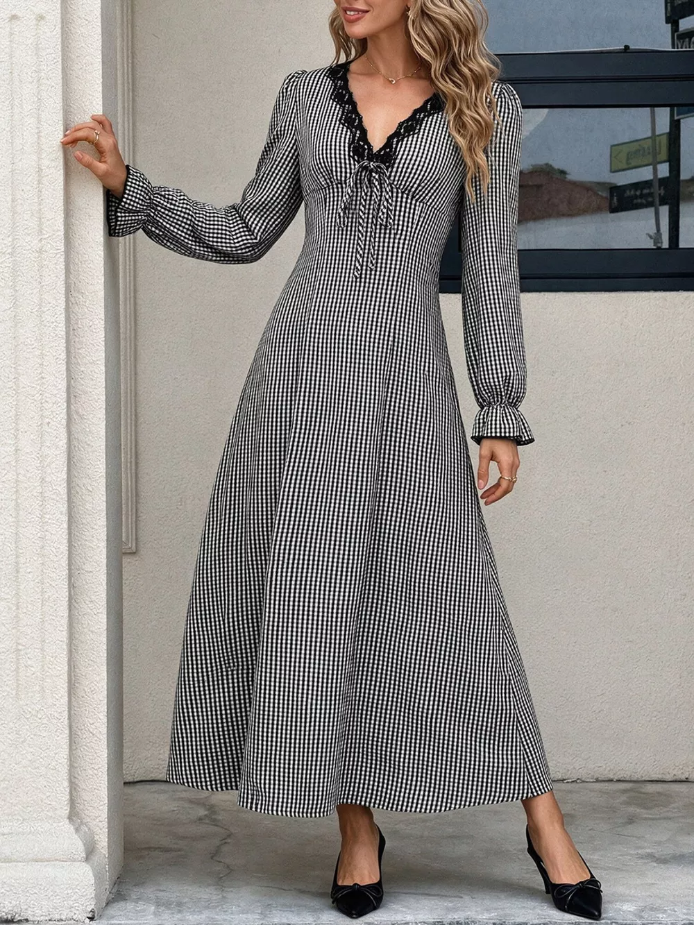 Gingham Lace-Trim V-Neck Long Sleeve A-Line Maxi Dress