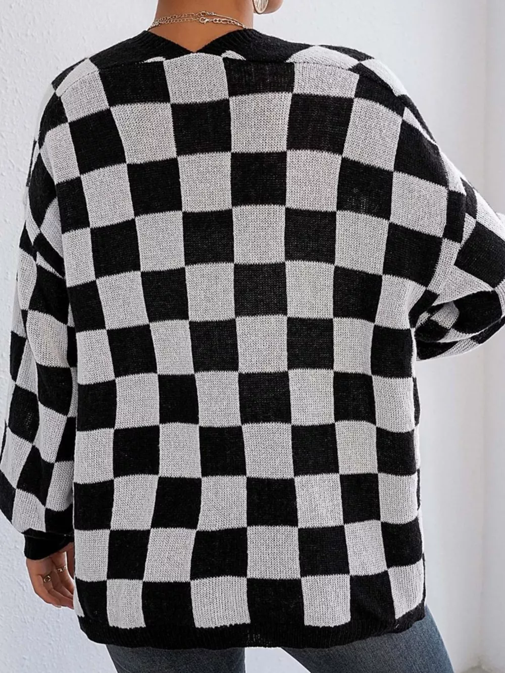 Checkerboard Pattern Open Front Knit Cardigan, image 6