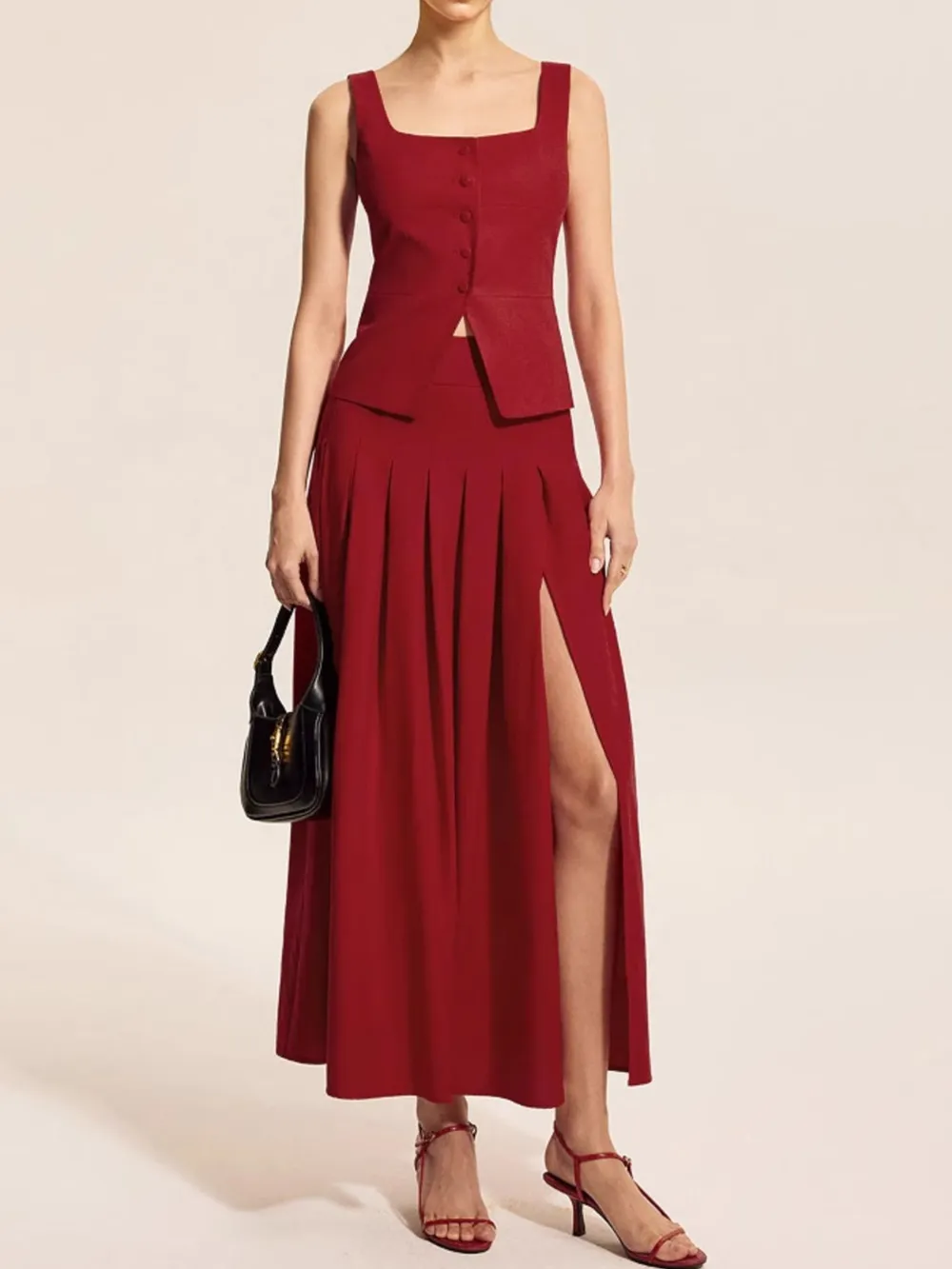 Square Neck Tank and Pleated Slit Skirt Set, image 2
