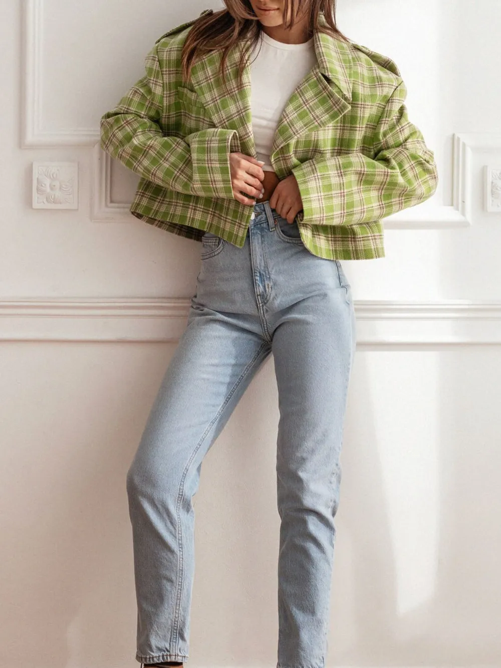 Lapel Collar Plaid Cropped Jacket, image 6