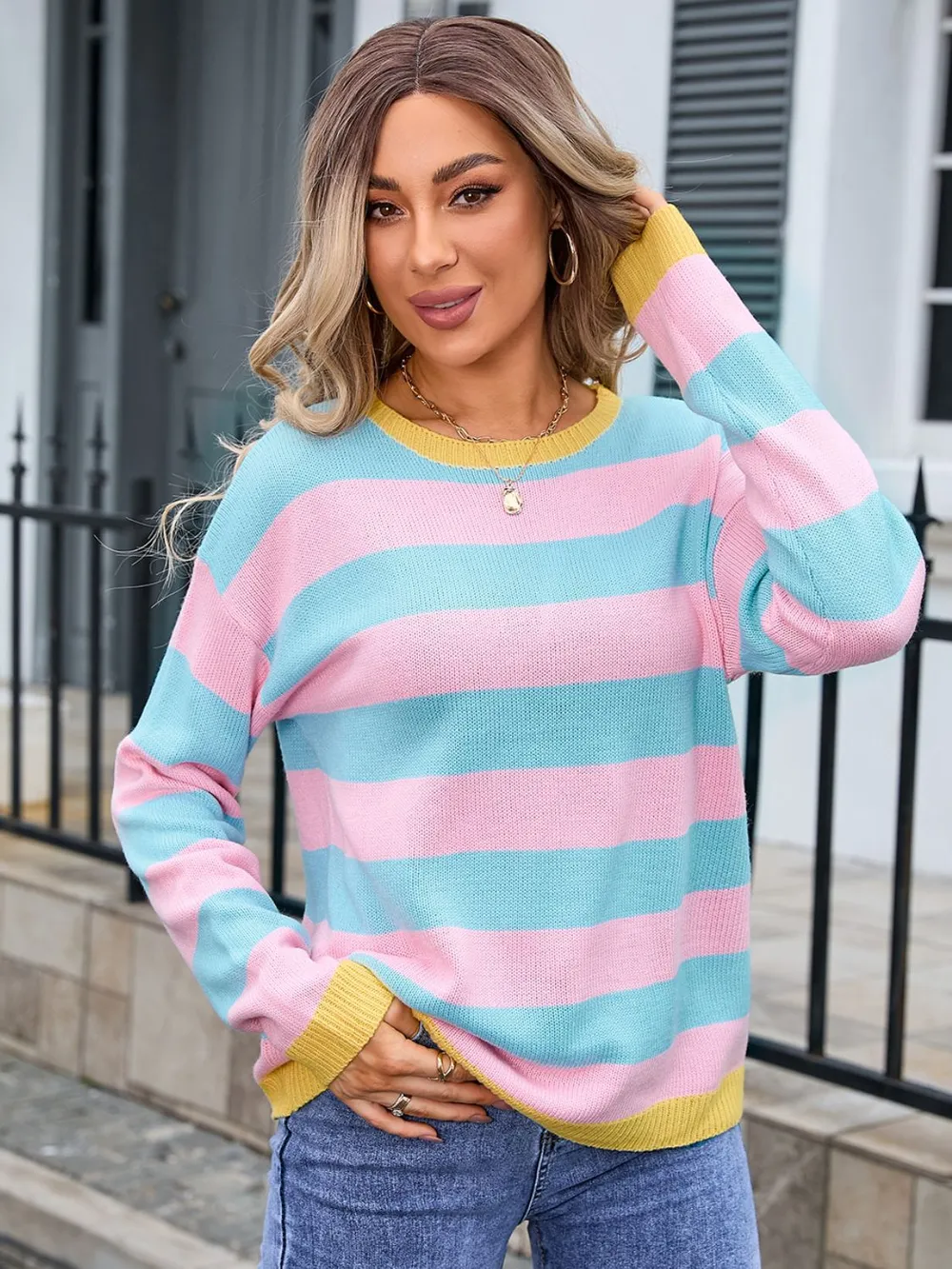 Striped Round Neck Dropped Shoulder Sweater