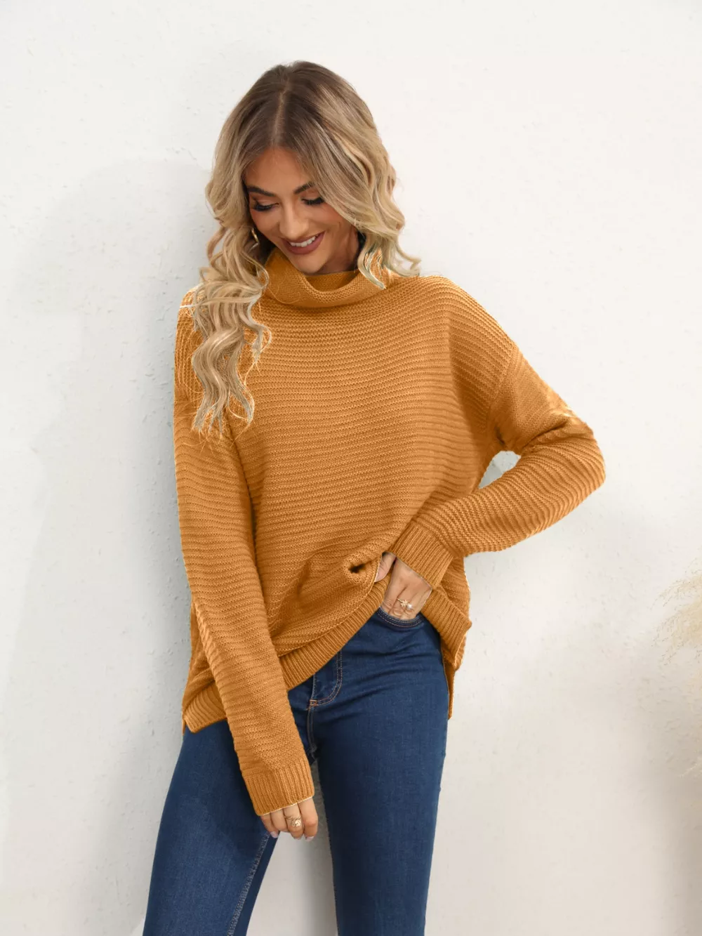 Slit Turtleneck Dropped Shoulder Sweater, image 17