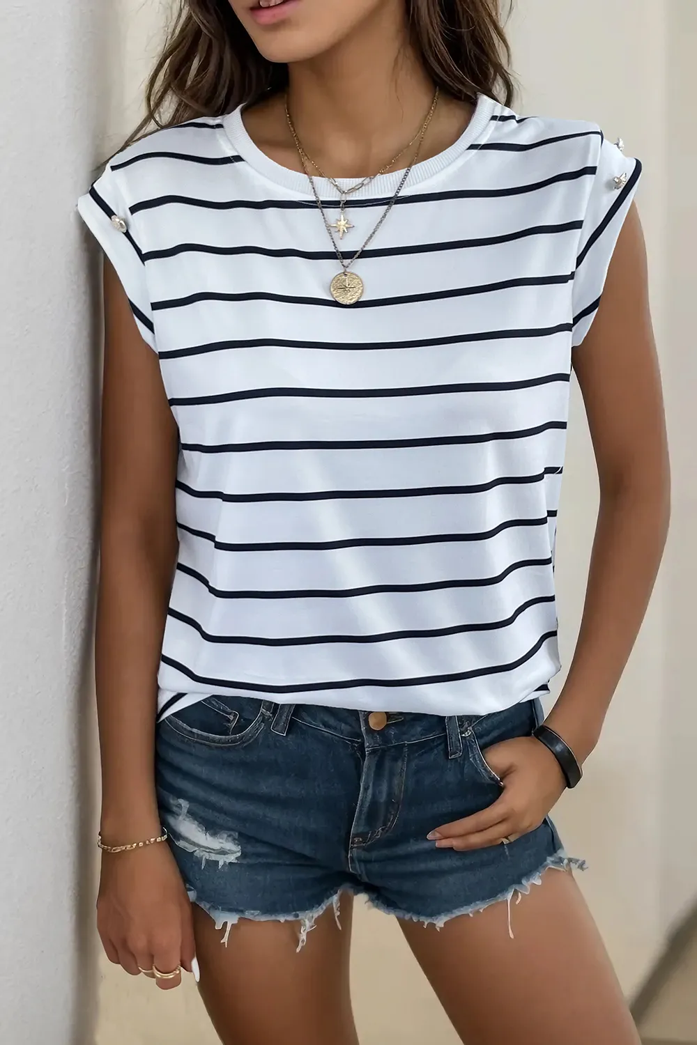Decorative Button Round Neck T-Shirt, image 15