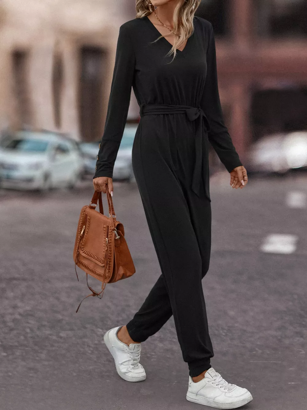 V-Neck Long Sleeve Tie Waist Jumpsuit, image 5