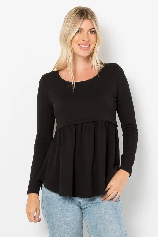 Full Size Texture Babydoll Round Neck Long Sleeve Knit Top