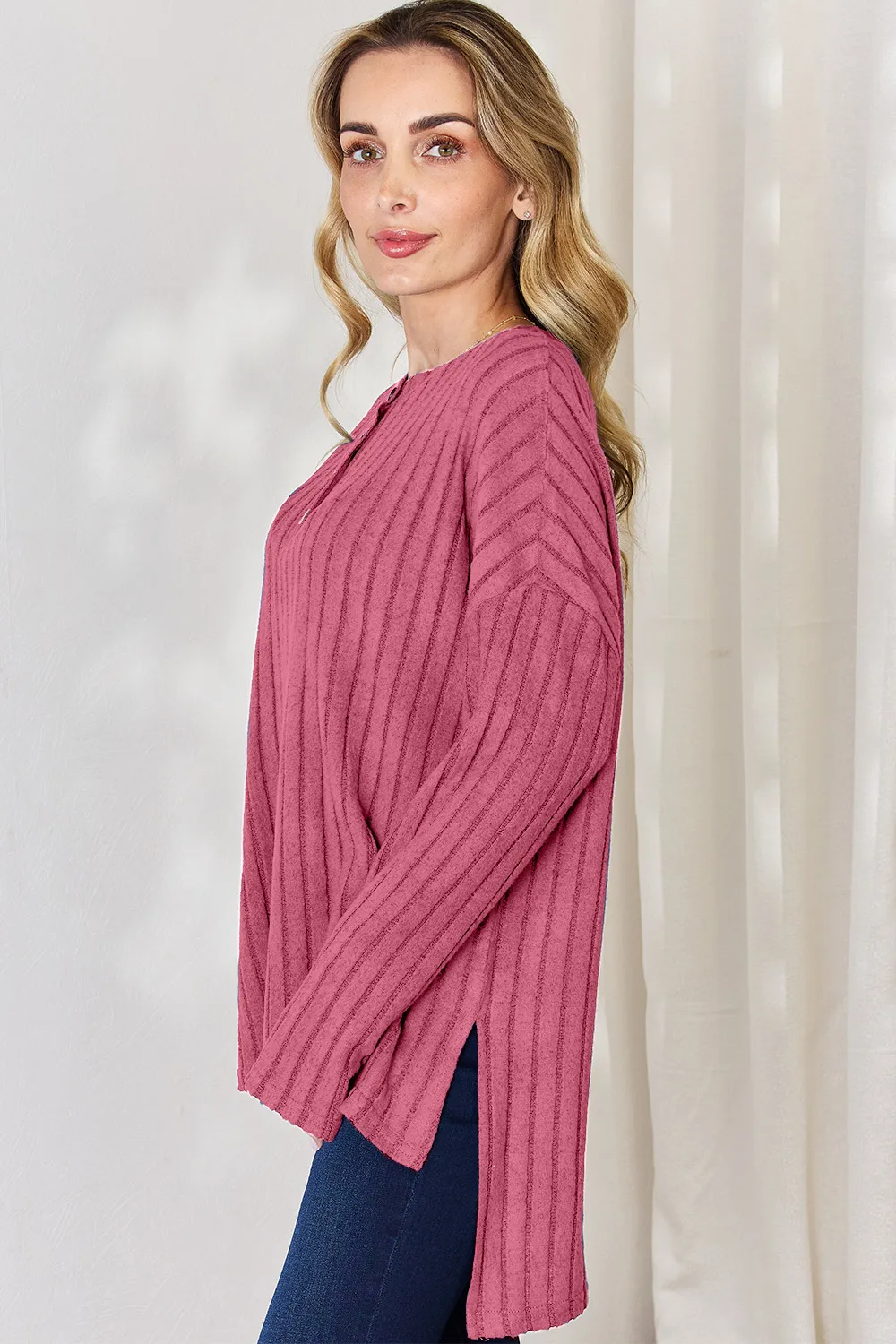 Full Size Ribbed Half Button Long Sleeve High-Low T-Shirt, image 18