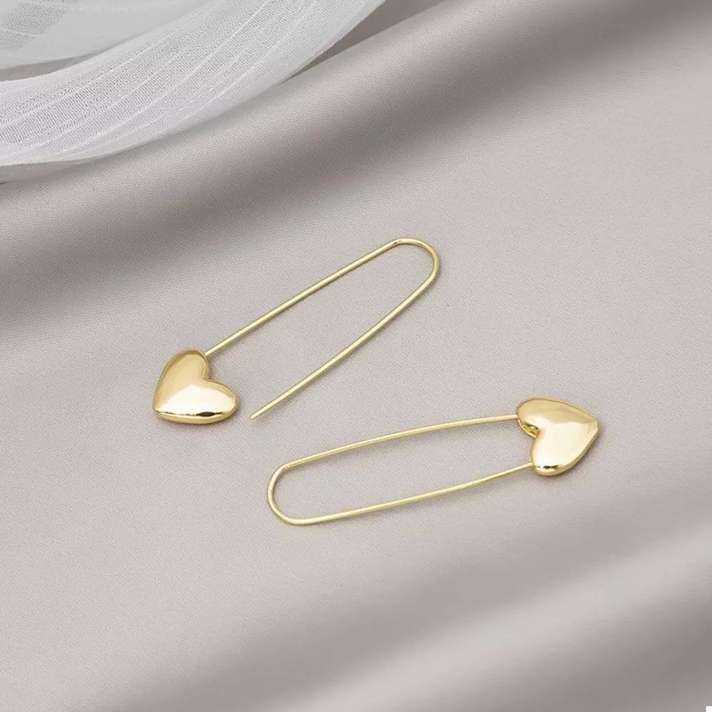 18K Gold-Plated Heart Charm Safety Pin Earrings, image 4