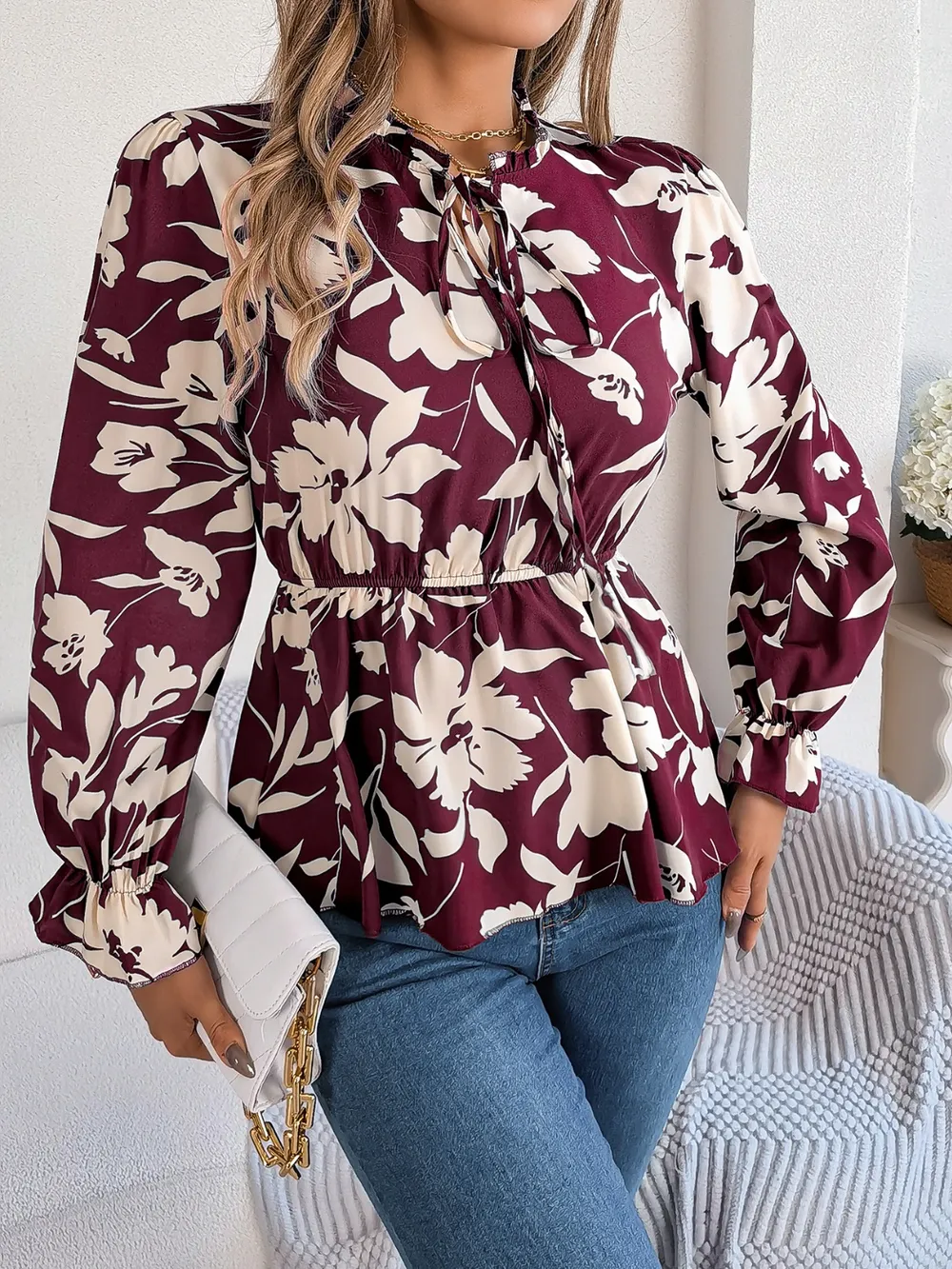 Printed Tie Neck Flounce Sleeve Blouse, image 18