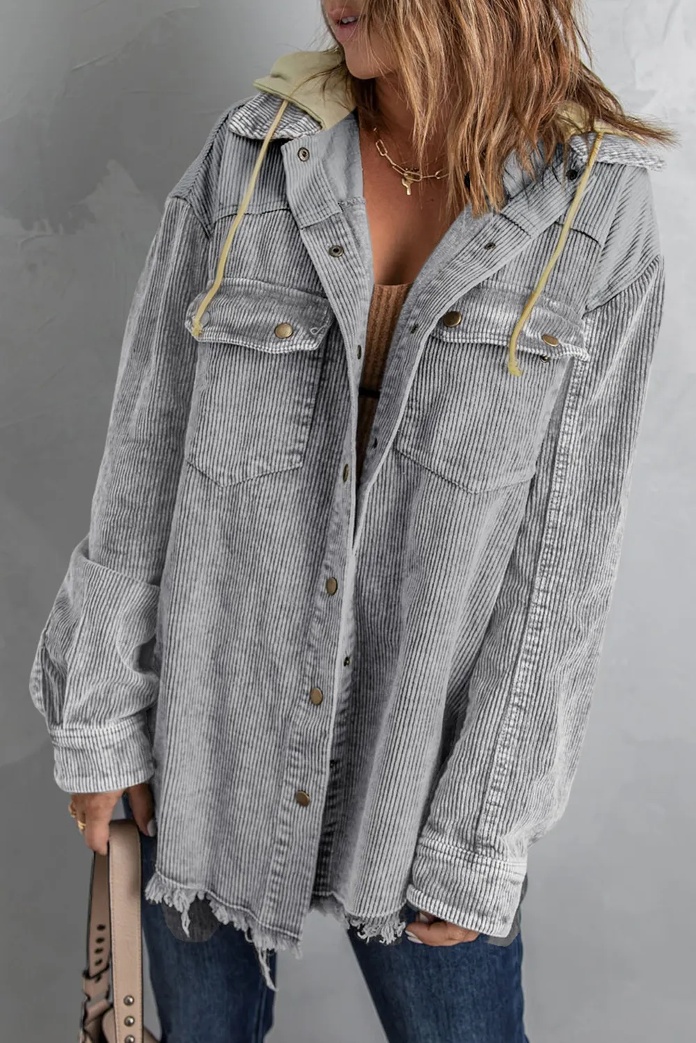 Snap Front Hooded Corduroy Shacket, image 8