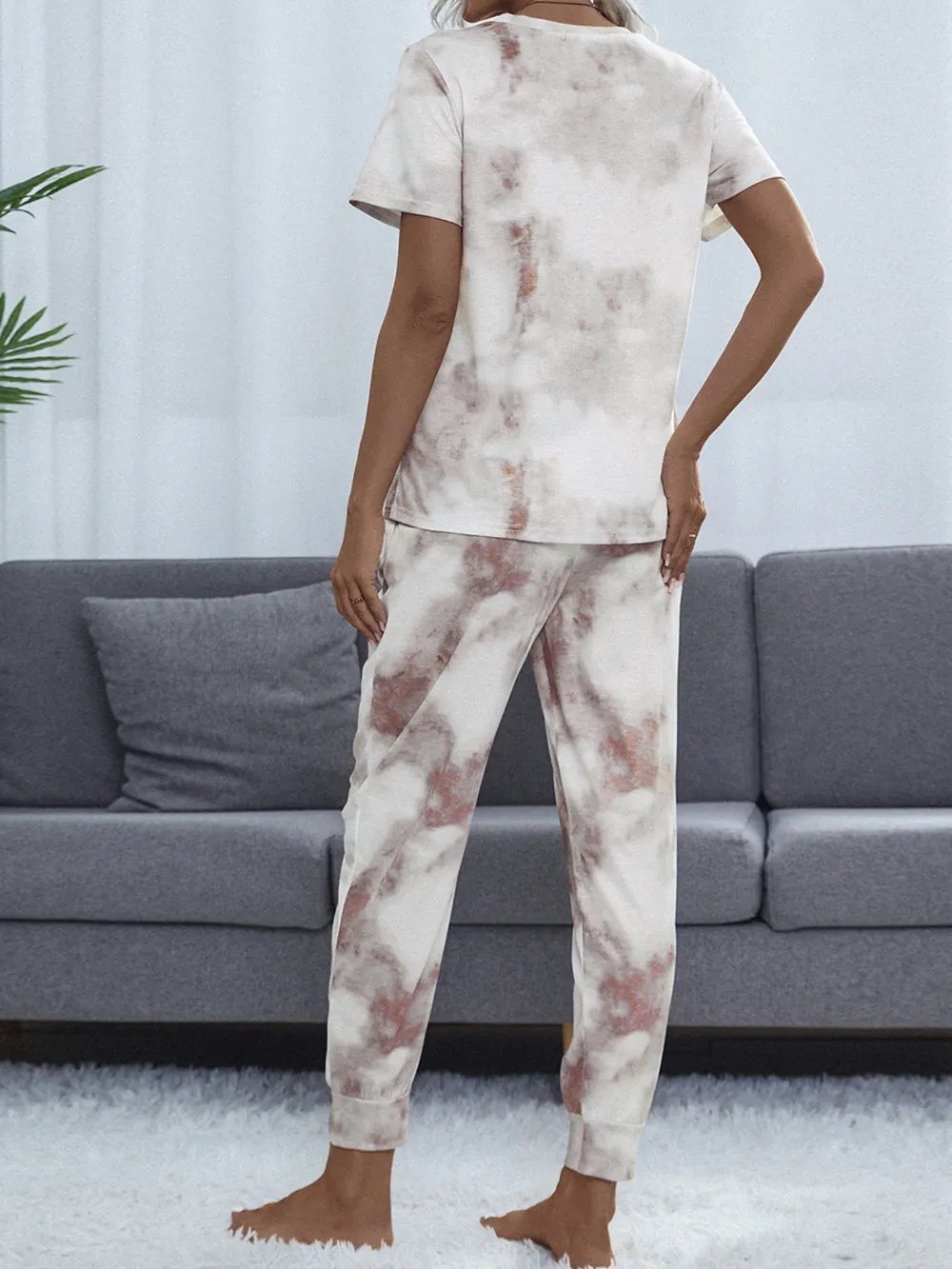 Tie-Dye Round Neck Short Sleeve Top and Pants Lounge Set, image 2