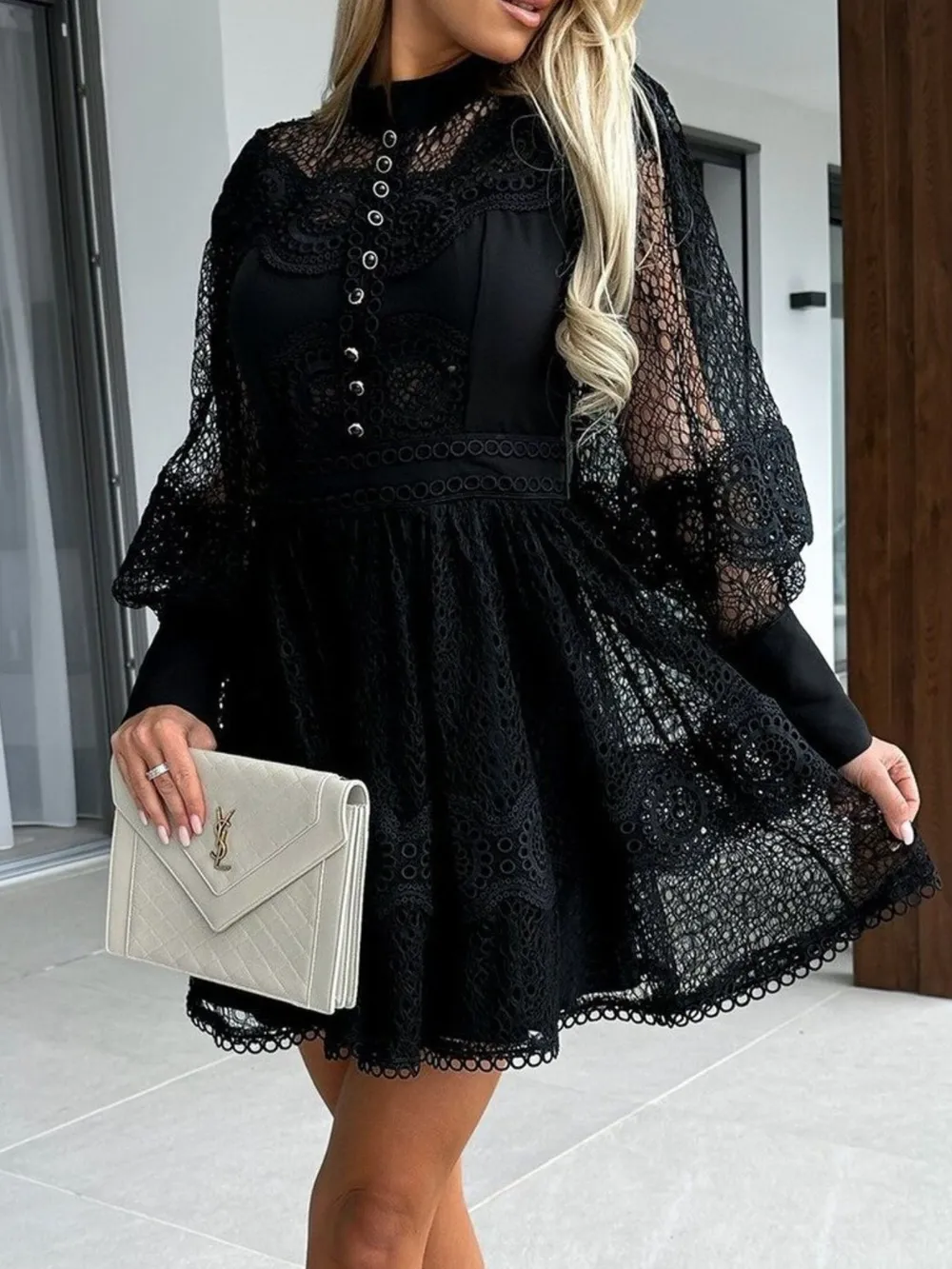 Lace Lantern Sleeve Mini Dress, image 12