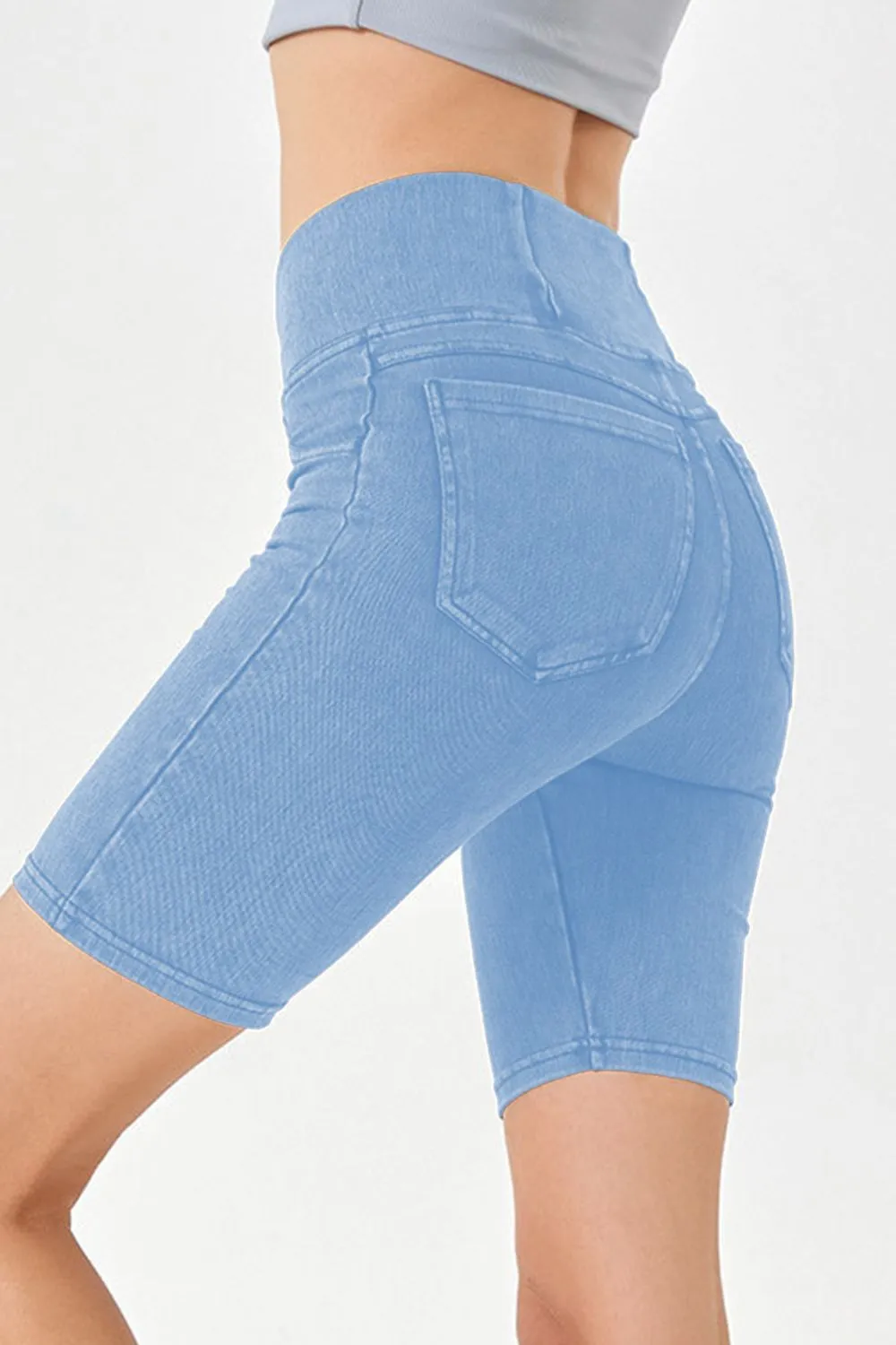 Asymmetrical Waist Denim Shorts with Pockets, image 10