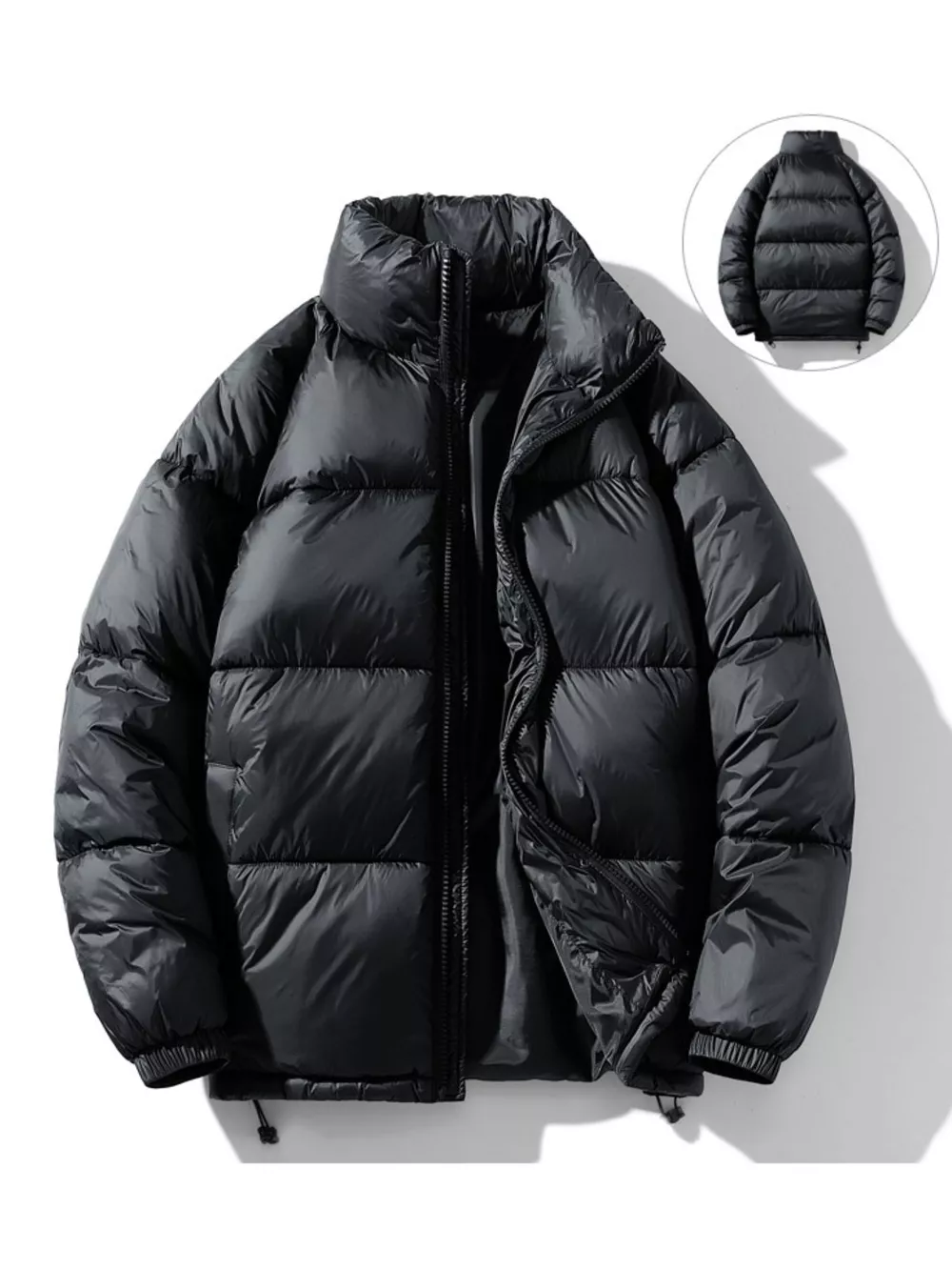 Men's Full Size Stand Collar Quilted Puffer Jacket with Drawstring Hem Plus Size, image 2