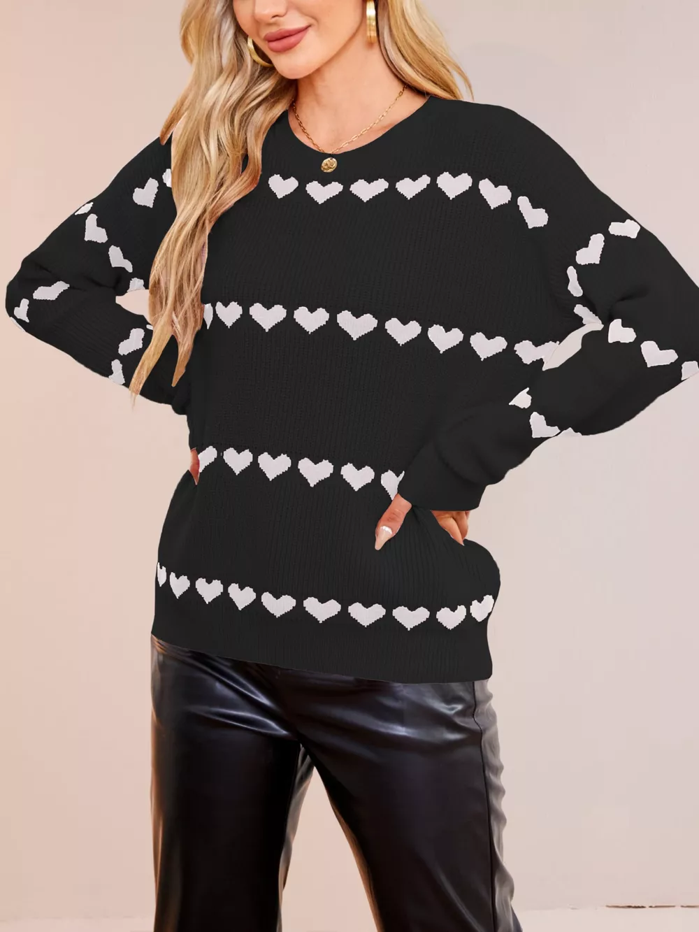 Heart Pattern Dropped Shoulder Sweater, image 15
