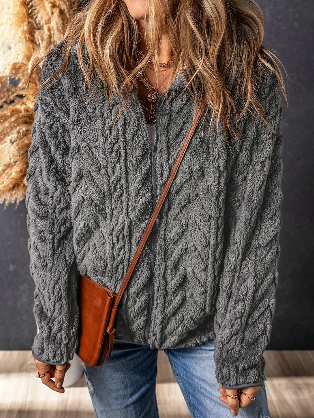 Fuzzy Zip Up Long Sleeve Jacket, image 8