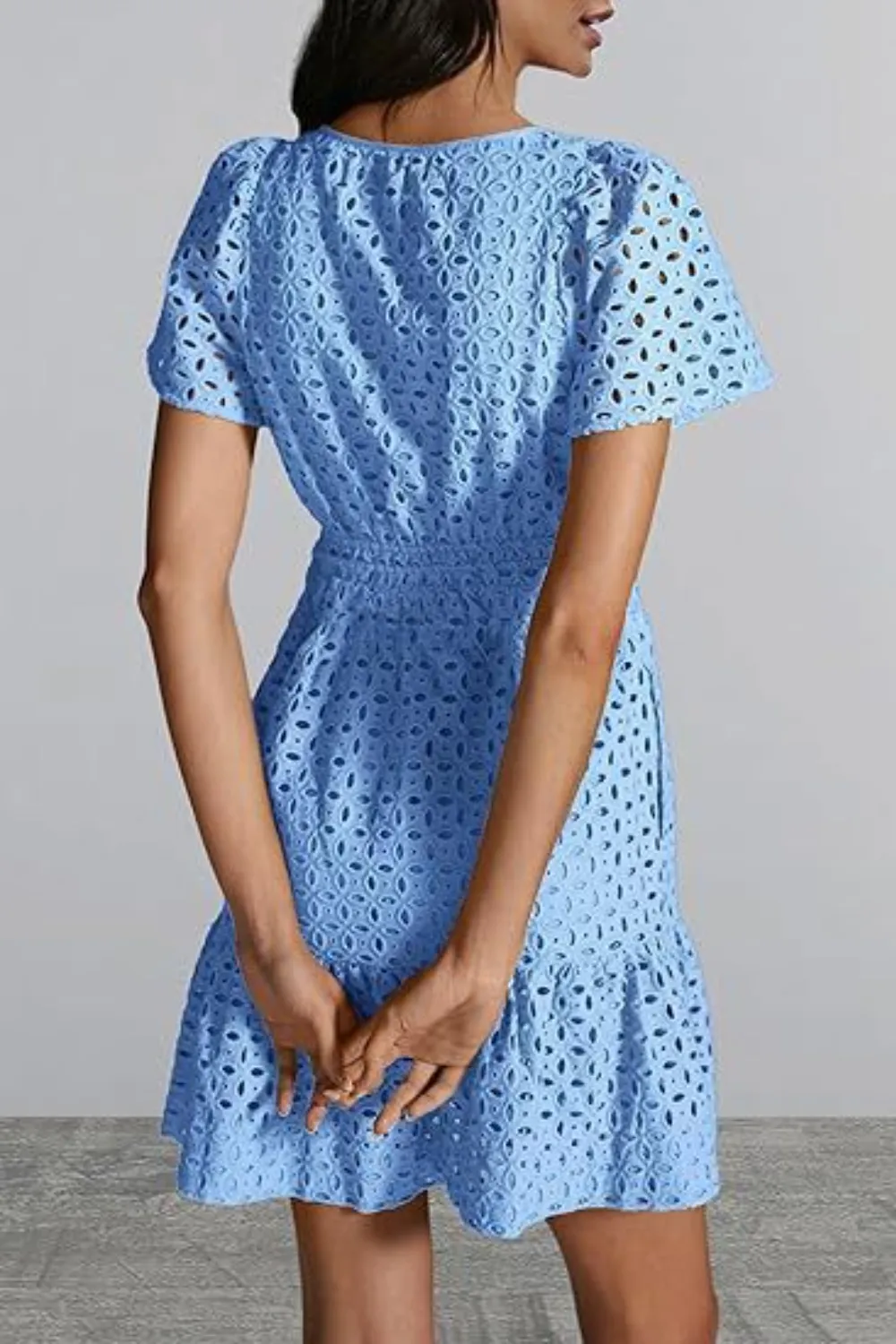 Eyelet Notched Short Sleeve Mini Dress, image 9