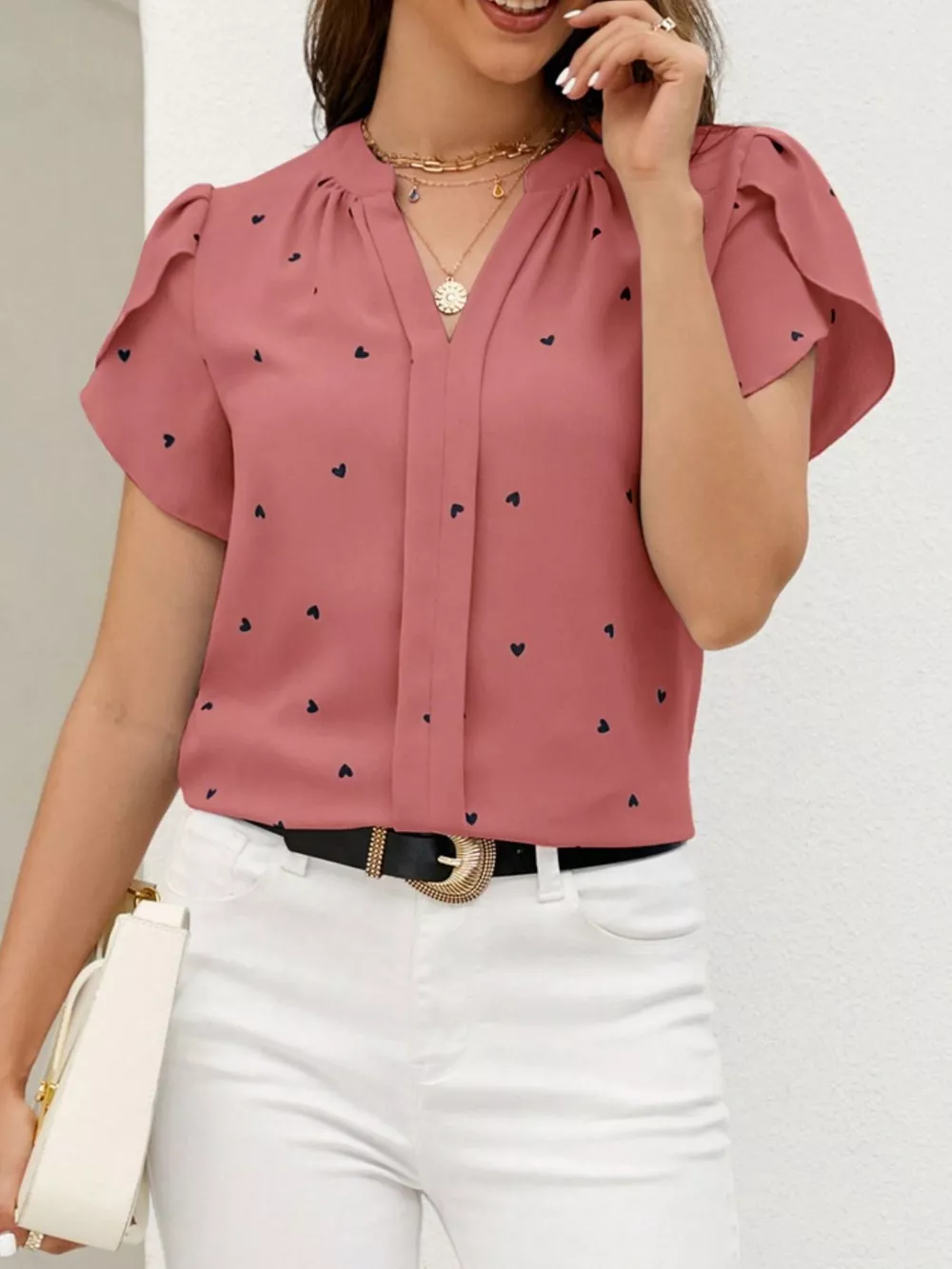 Heart Print Petal Sleeve Blouse, image 14