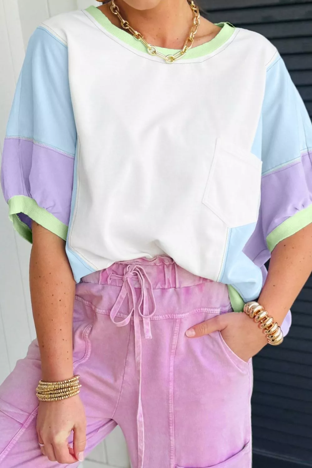 Color Block Patchwork Half Sleeve Oversized T Shirt, image 6