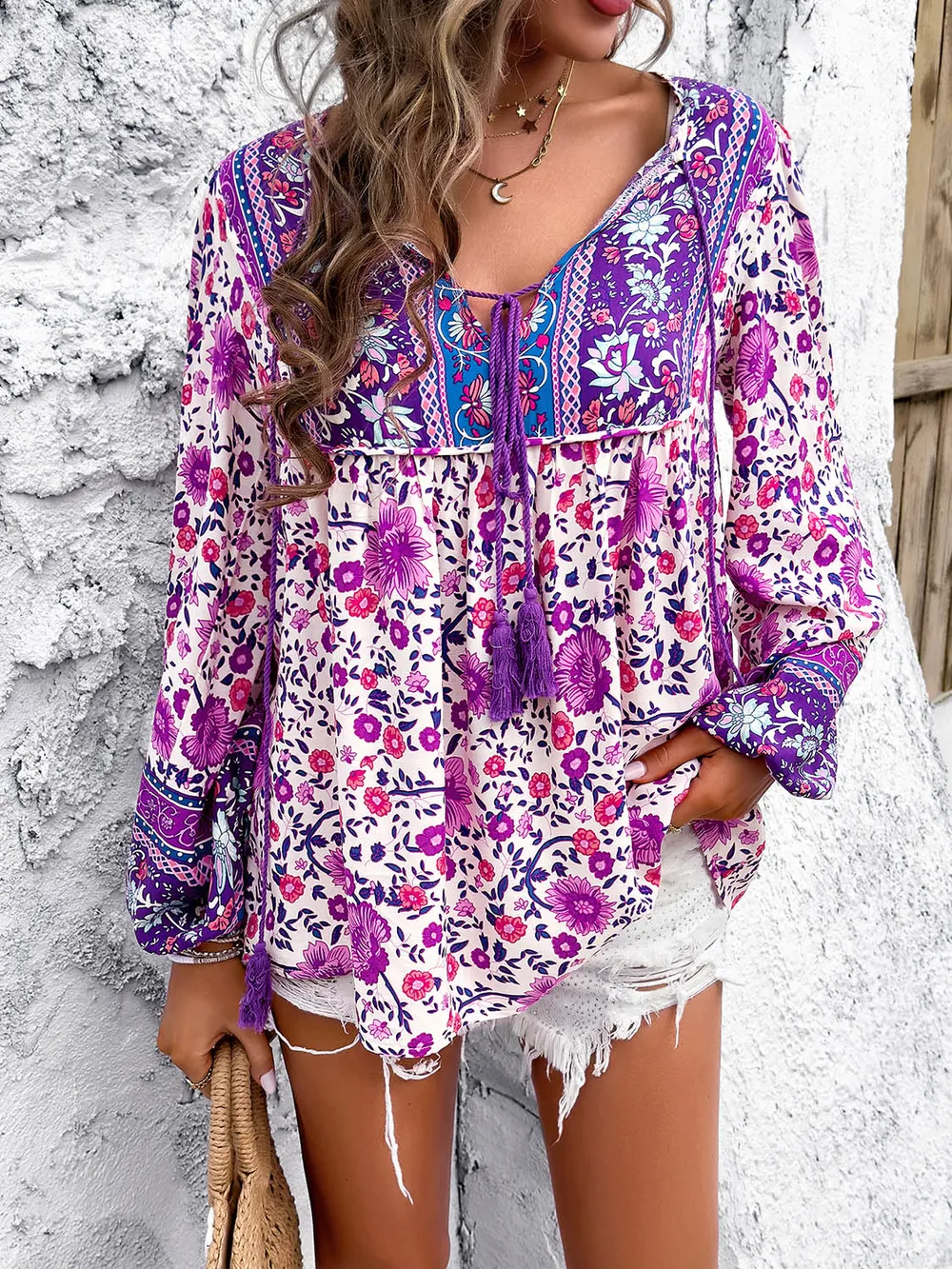 Printed Tie Neck Long Sleeve Blouse, image 6