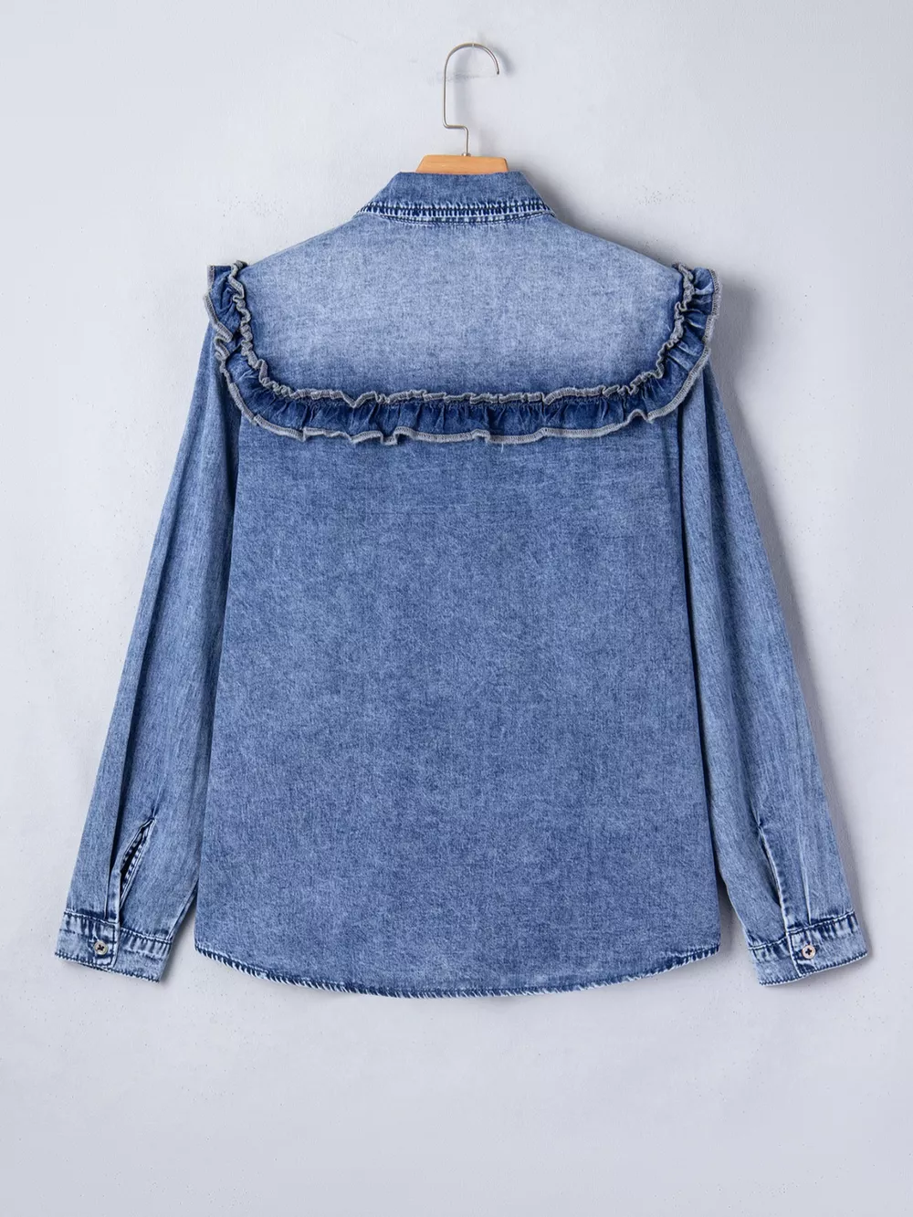 intage Wash Denim Ruffle Detail Button Down Shirt, image 4