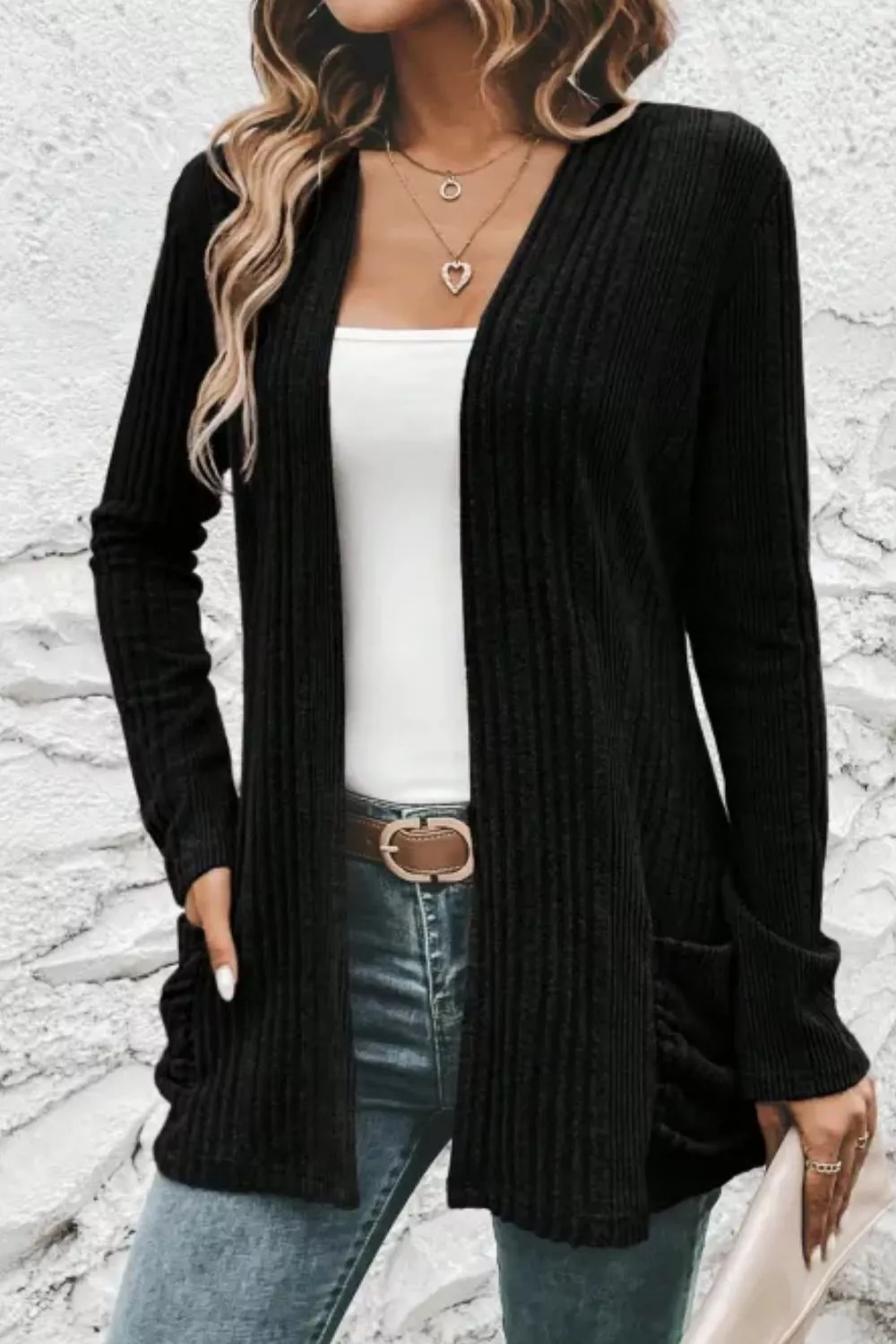 Ribbed Knit Open Front Cardigan with Pockets, image 5