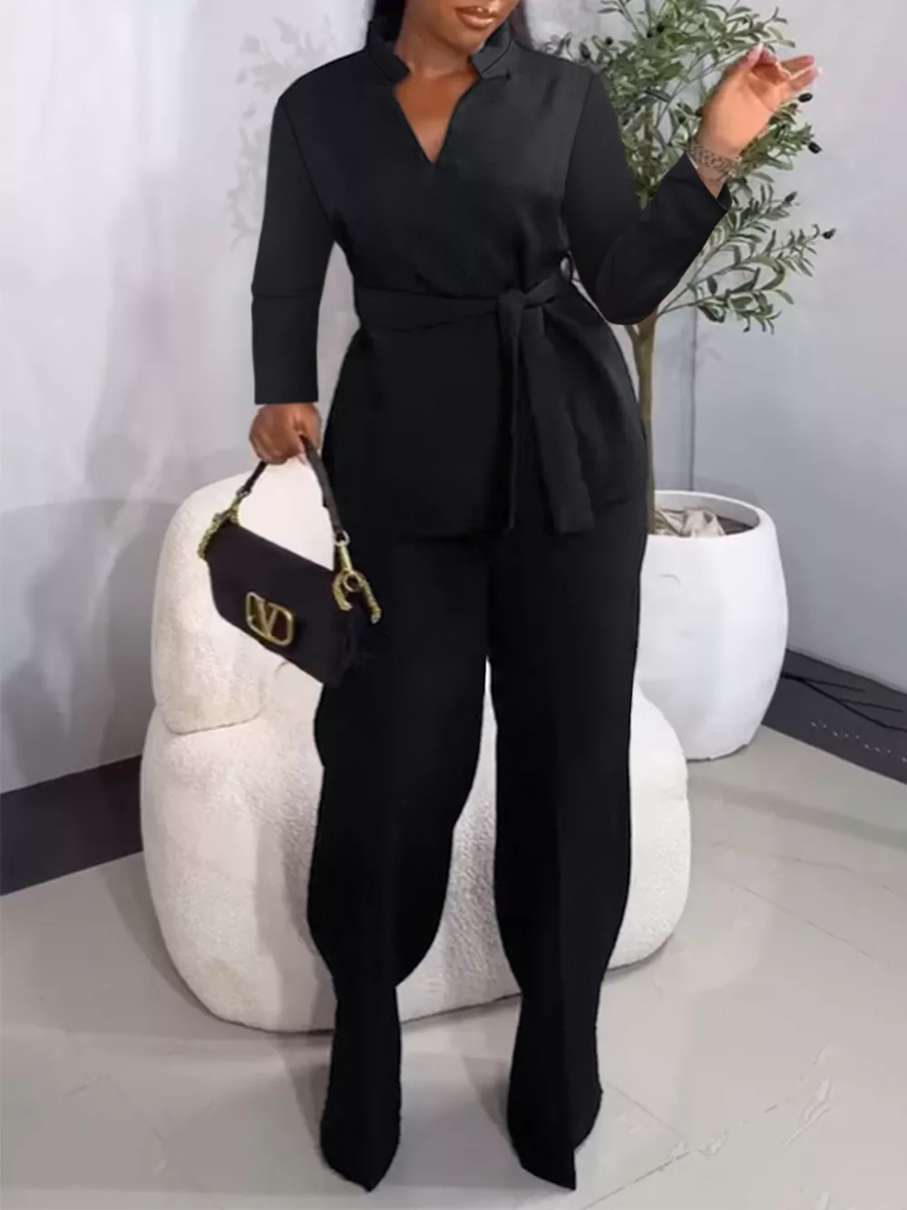 Tie-Waist Long Sleeve Top and Pants Set, image 5