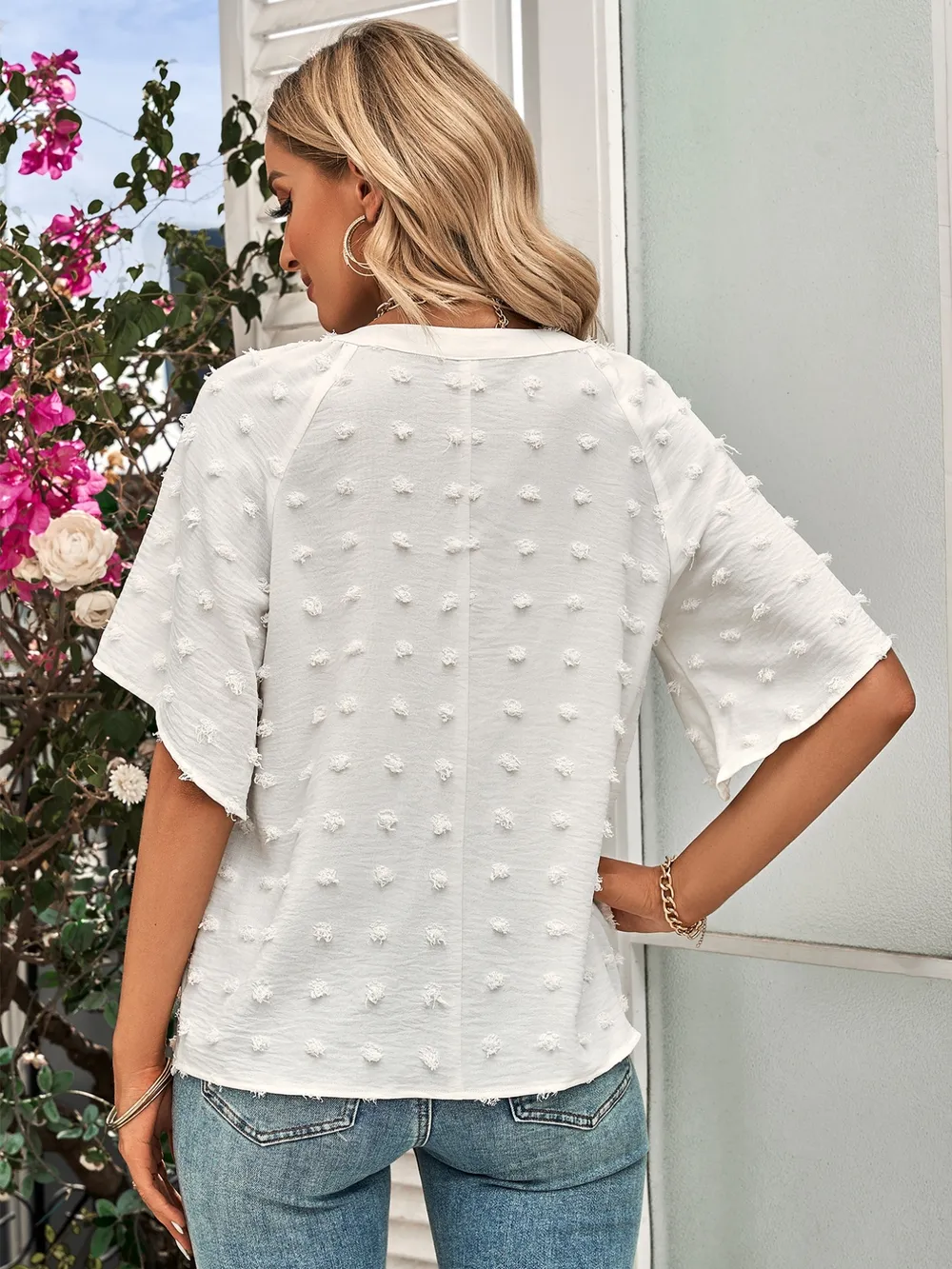 Swiss Dot Notched Half Se Blouse, image 8