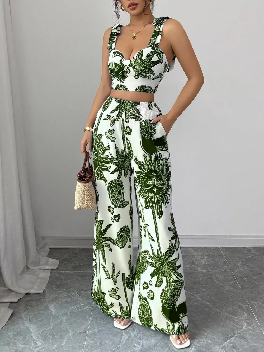 Floral Print Crop Top and Wide Leg Pants Set, image 7