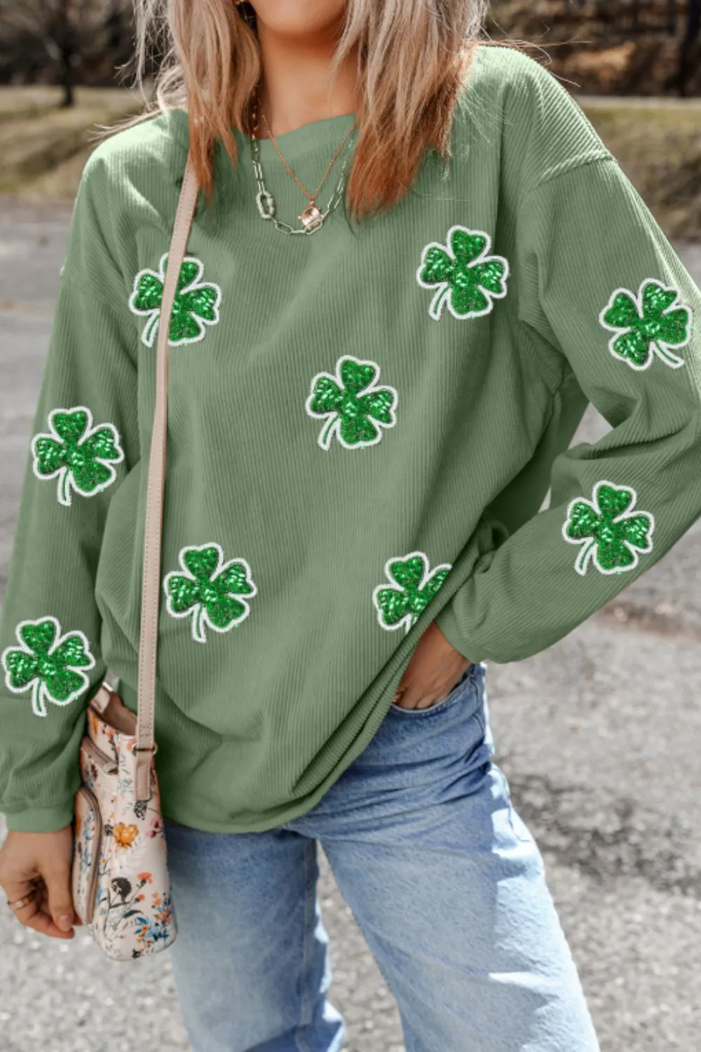Sequin Lucky Clover Round Neck Long Sleeve Sweatshirt, image 4