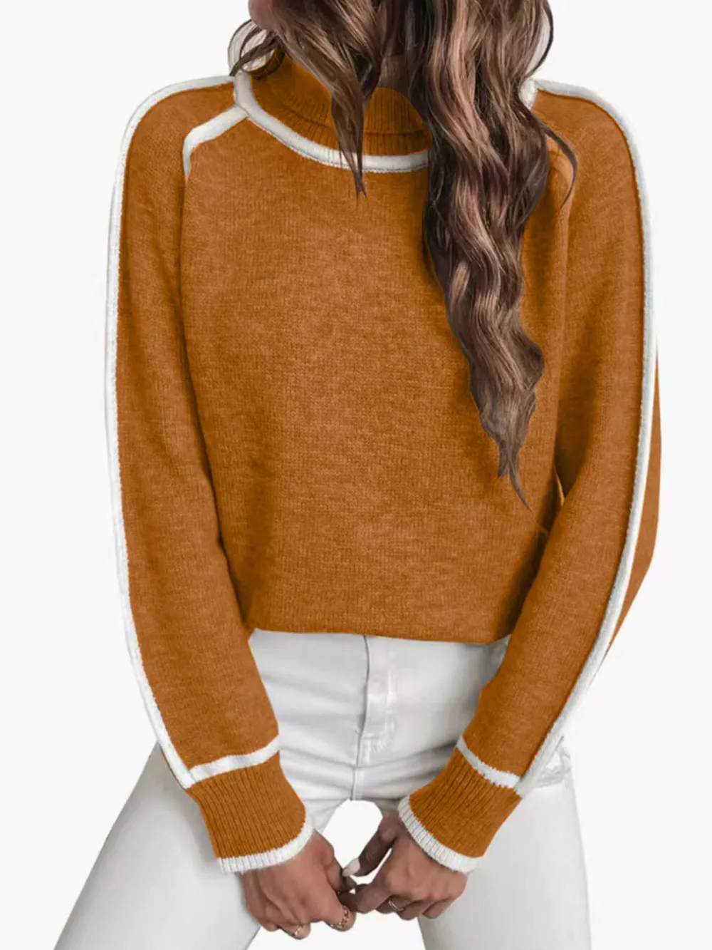 Full Size Turtleneck Contrast Trim Sweater Plus Size, image 19