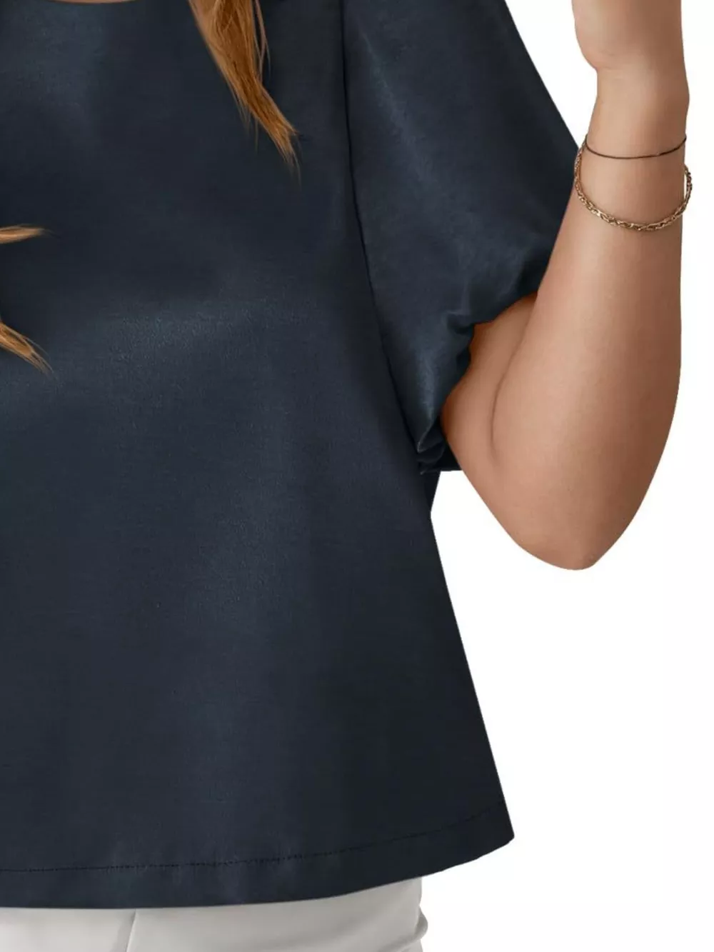 Round Neck Puff Sleeve Satin Top, image 6