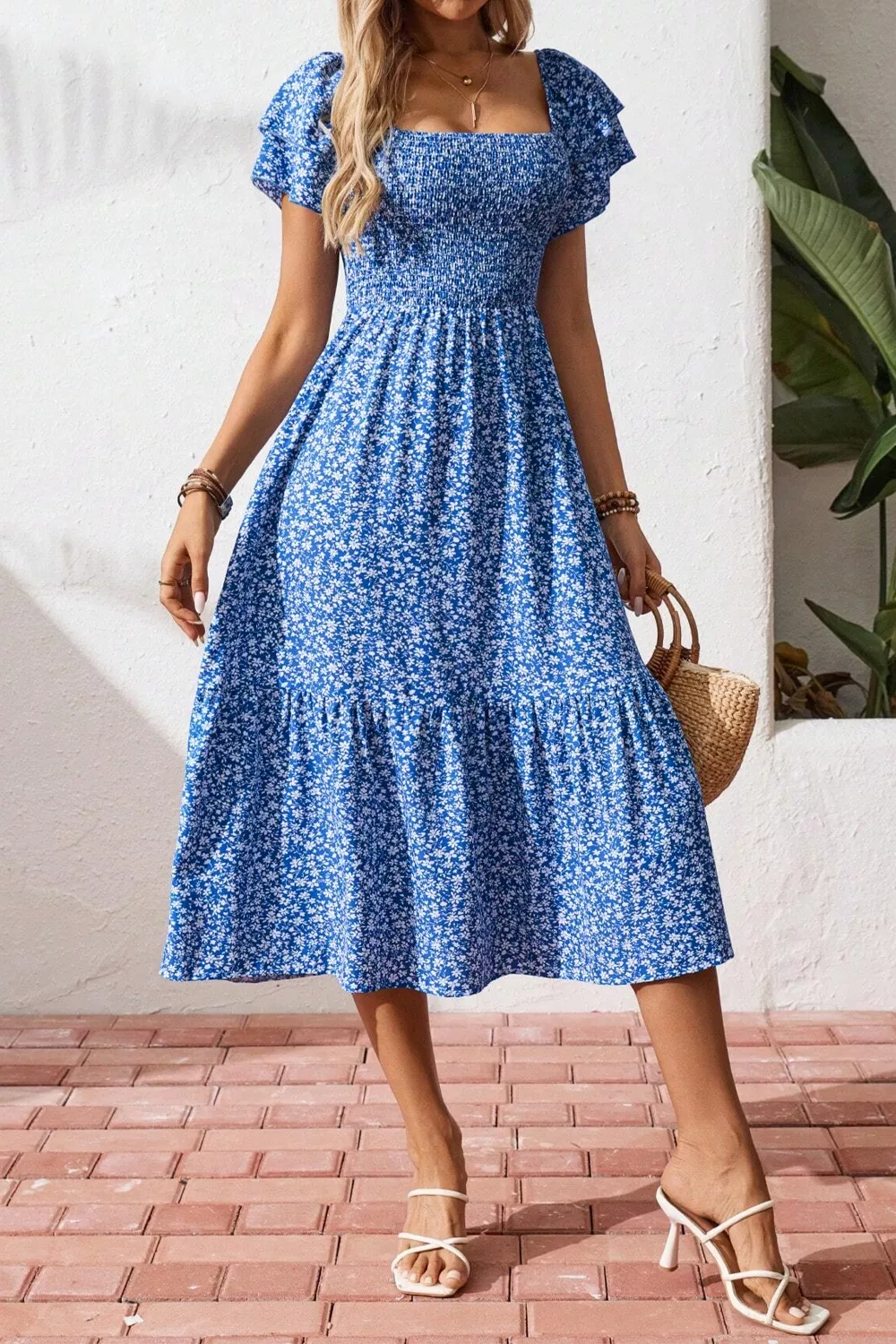 Ditsy Floral Print Smocked Square Neck Ruffle Short Sleeve Dress, image 5
