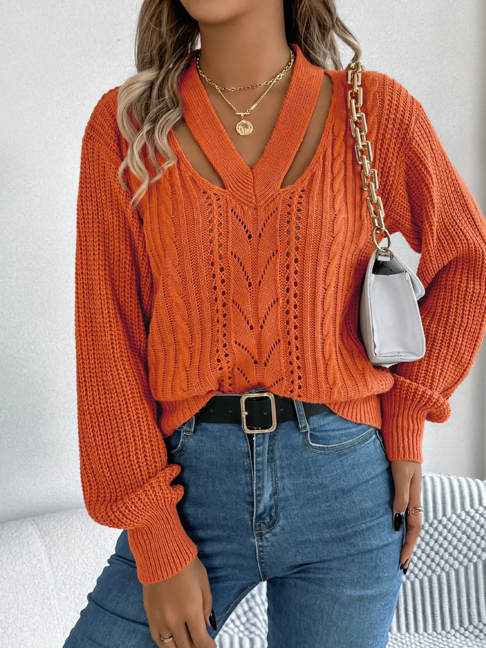 Cutout V-Neck Long Sleeve Sweater, image 8