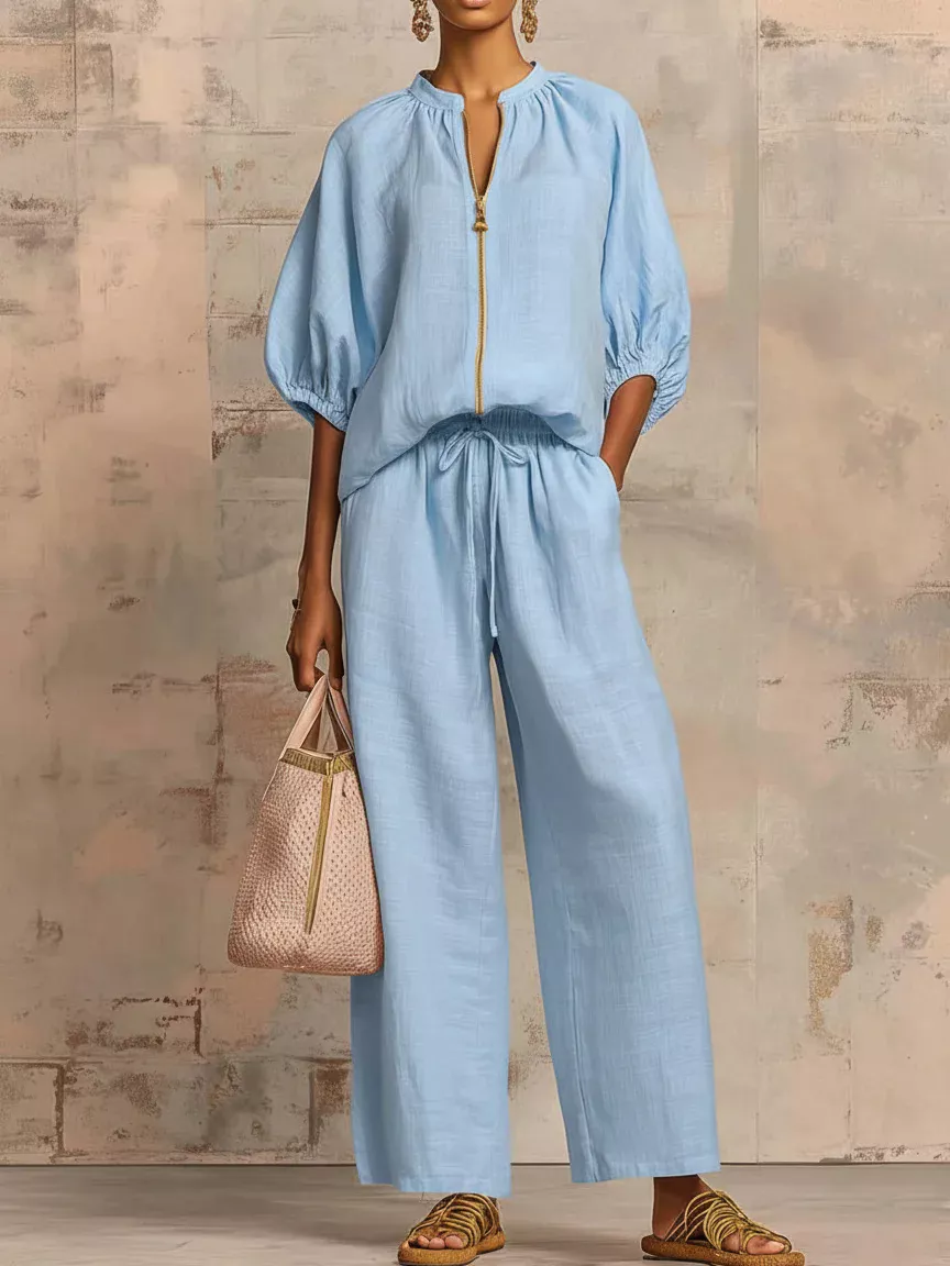 Full Size Zip-Front Top and Wide-Leg Pants Set Plus Size, image 7