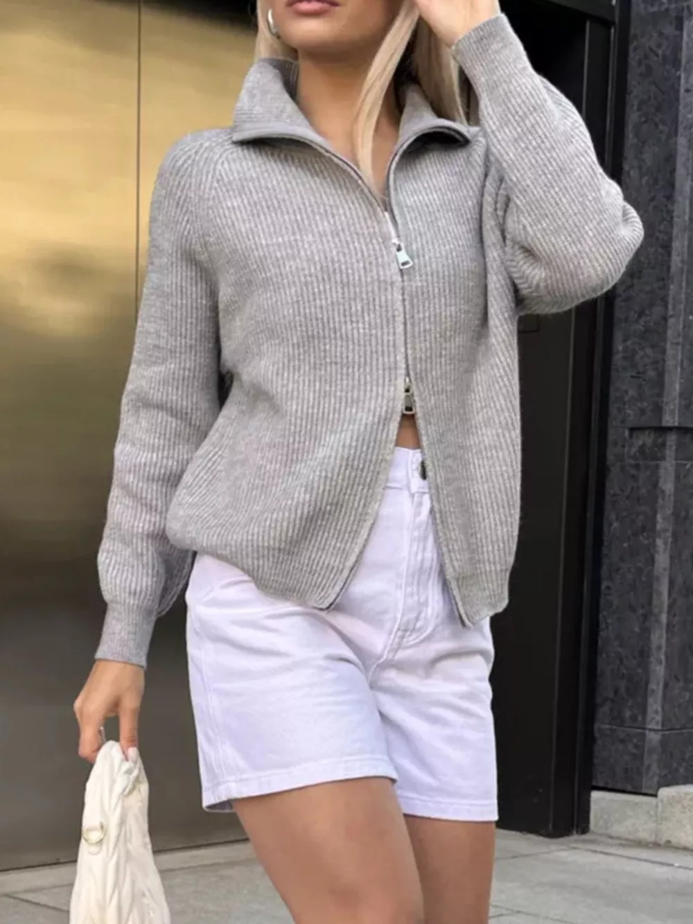 Zip-Up Ribbed Knit Cardigan, image 2