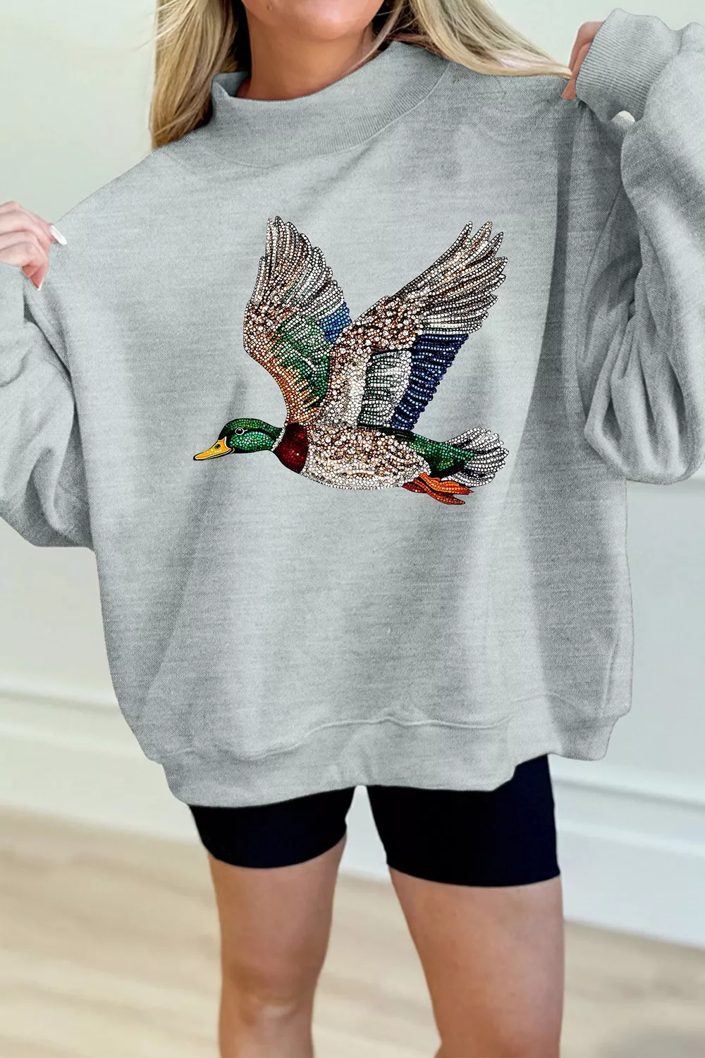 Western Style Mallard Duck Printed Graphic Baggy Mock Neck Sweatshirt, image 5